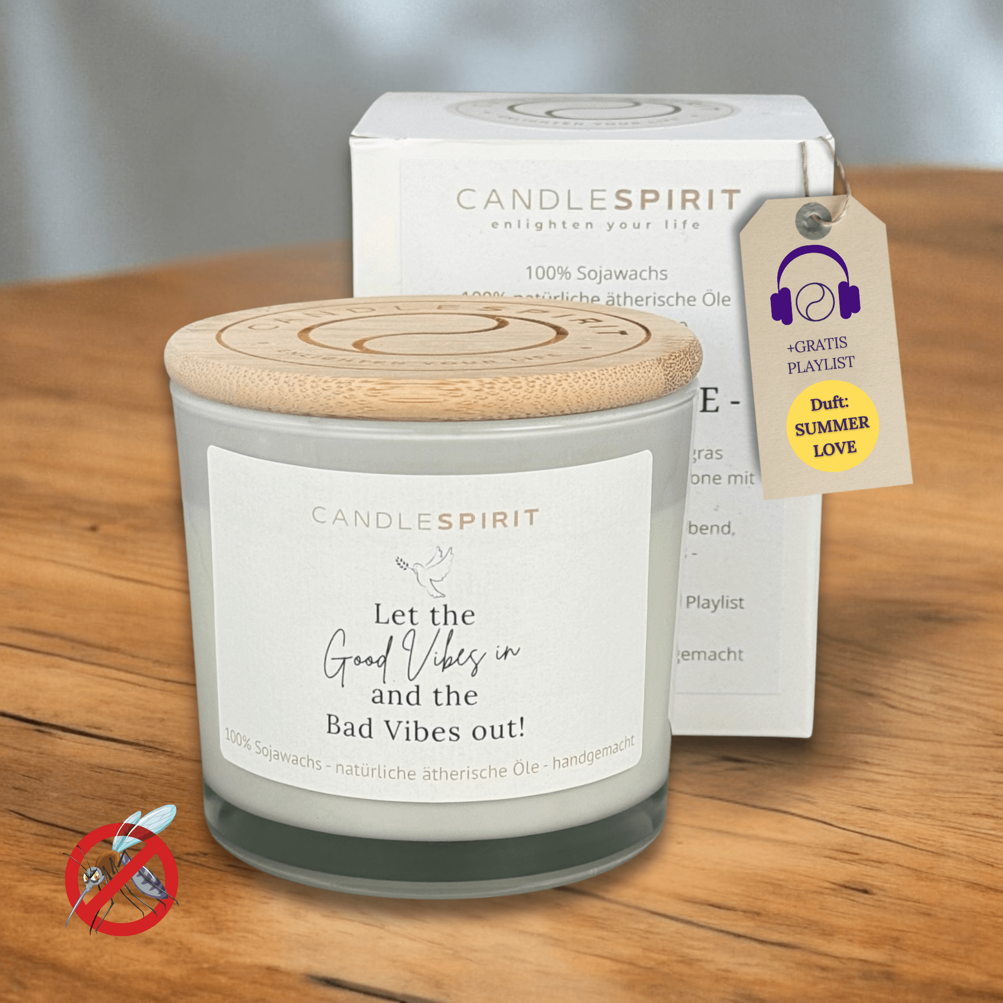"Let the Good Vibes in and the Bad Vibes out!" | Outdoor Aromatherapie Duftkerze | Duft "SUMMERLOVE" aus Citronella und Lemongrass | 50h