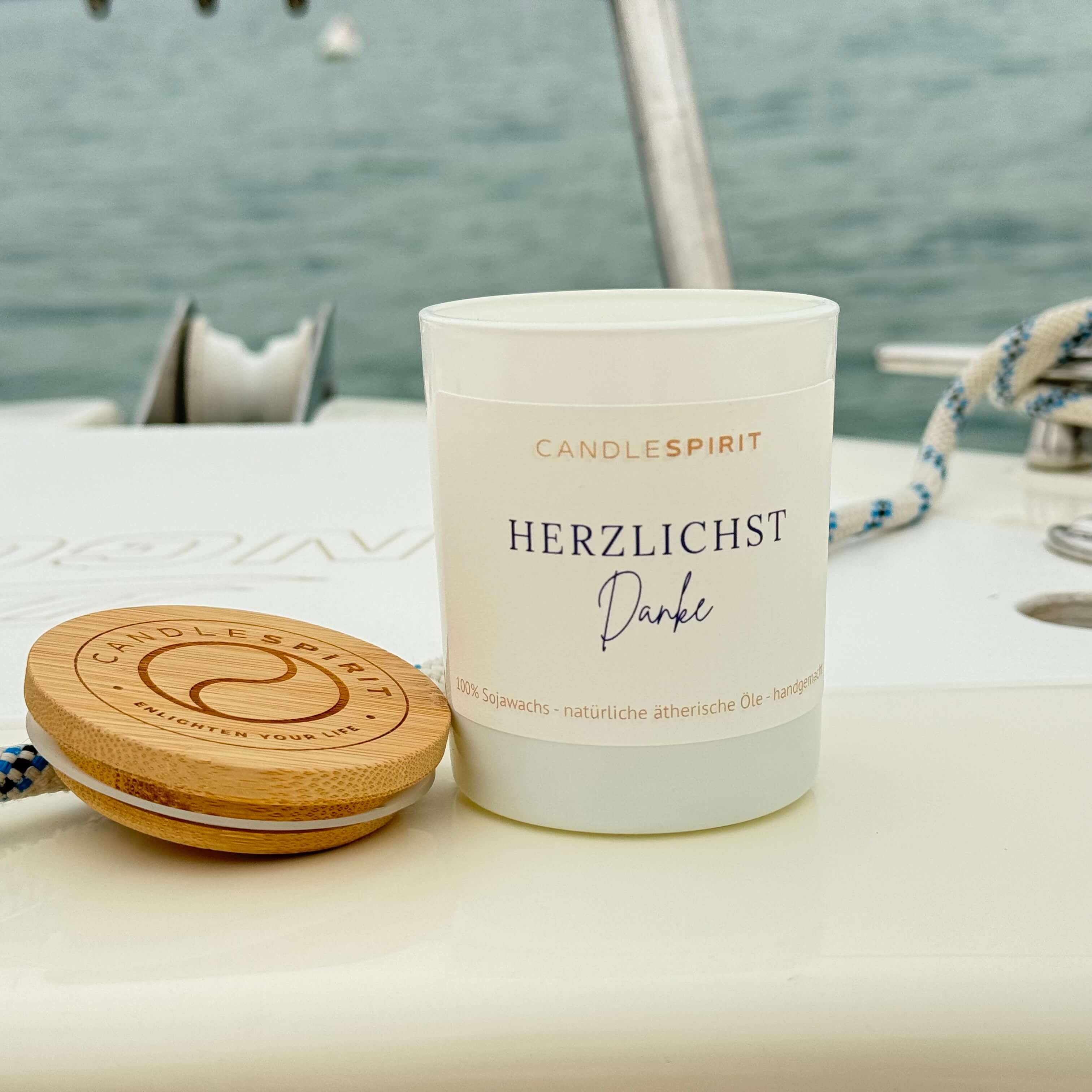 OUTLET – limitierte Edition: Aromatherapie Duftkerze | Duft JOY OF LIFE | Zitat: "Herzlichst Danke" | Bio-Sojawachs | Gratis Meditation
