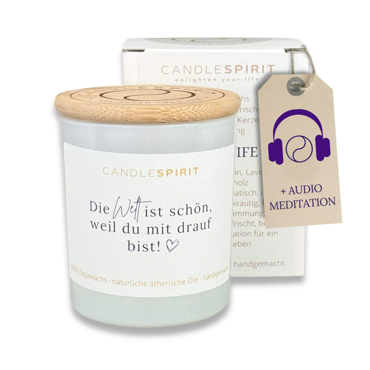 Audio-Duftkerze "Die Welt ist schön, weil Du mit drauf bist!" mit ätherischen Ölen & Audio-Meditation