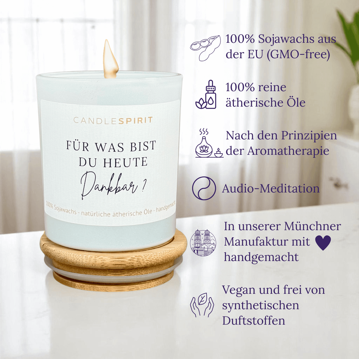 Audio-Duftkerze "Für was bist du heute dankbar?" mit ätherischen Ölen & Audio-Meditation