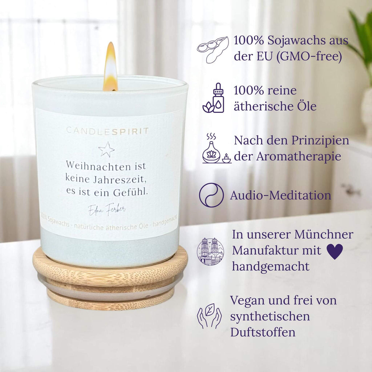 Duftkerze "Weihnachten ist keine Jahreszeit, es ist ein Gefühl. Edna Ferber" mit ätherischen Ölen & Audio-Meditation
