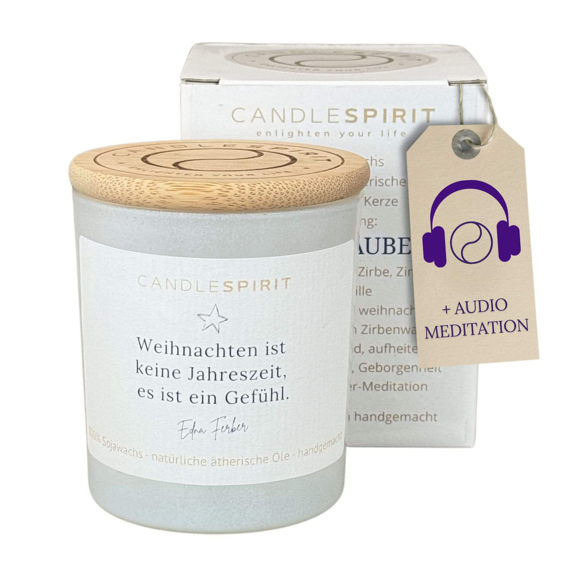 Duftkerze "Weihnachten ist keine Jahreszeit, es ist ein Gefühl. Edna Ferber" mit ätherischen Ölen & Audio-Meditation