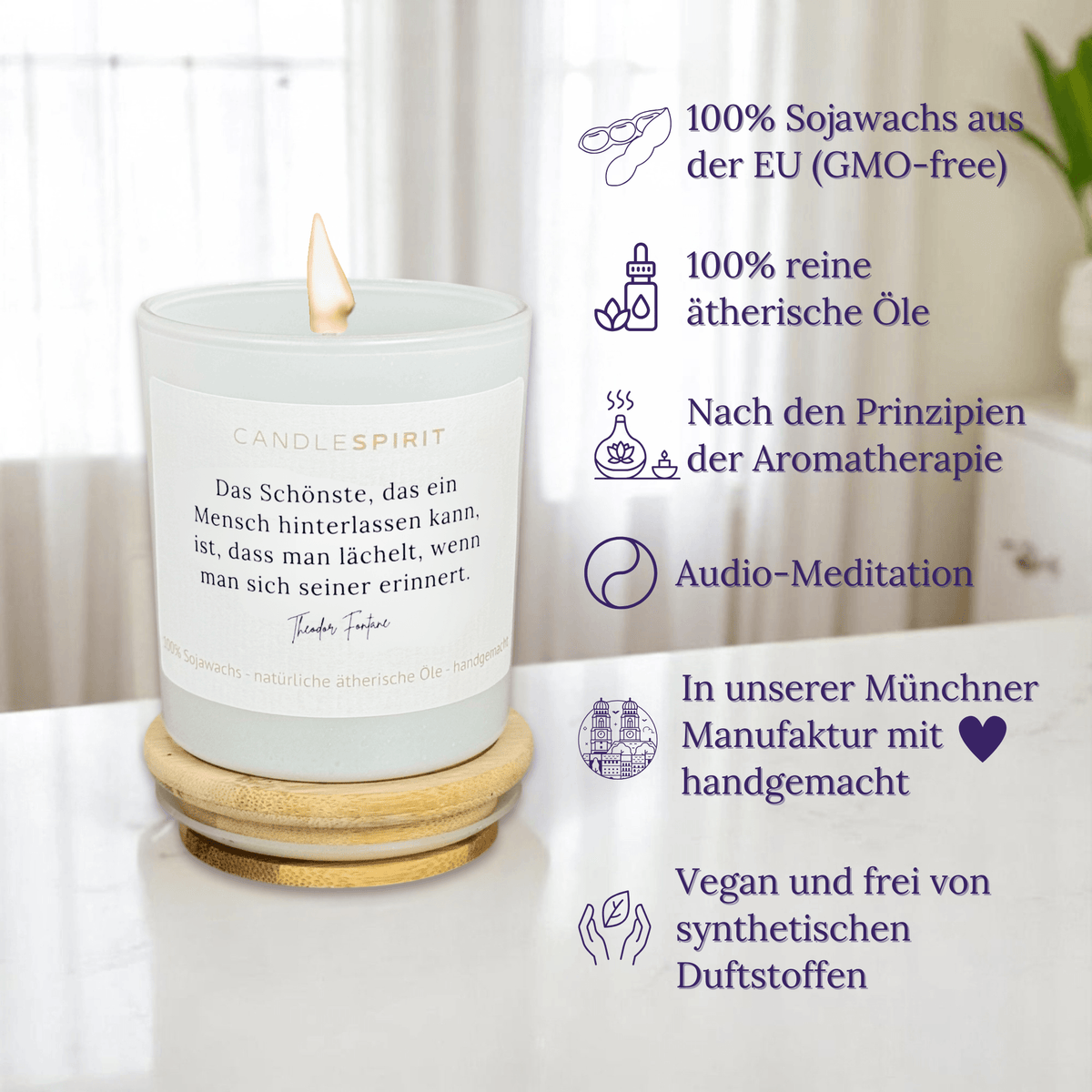 Audio-Duftkerze "Das Schönste, das ein Mensch hinterlassen kann... Theodor Fontane" mit ätherischen Ölen & Audio-Meditation
