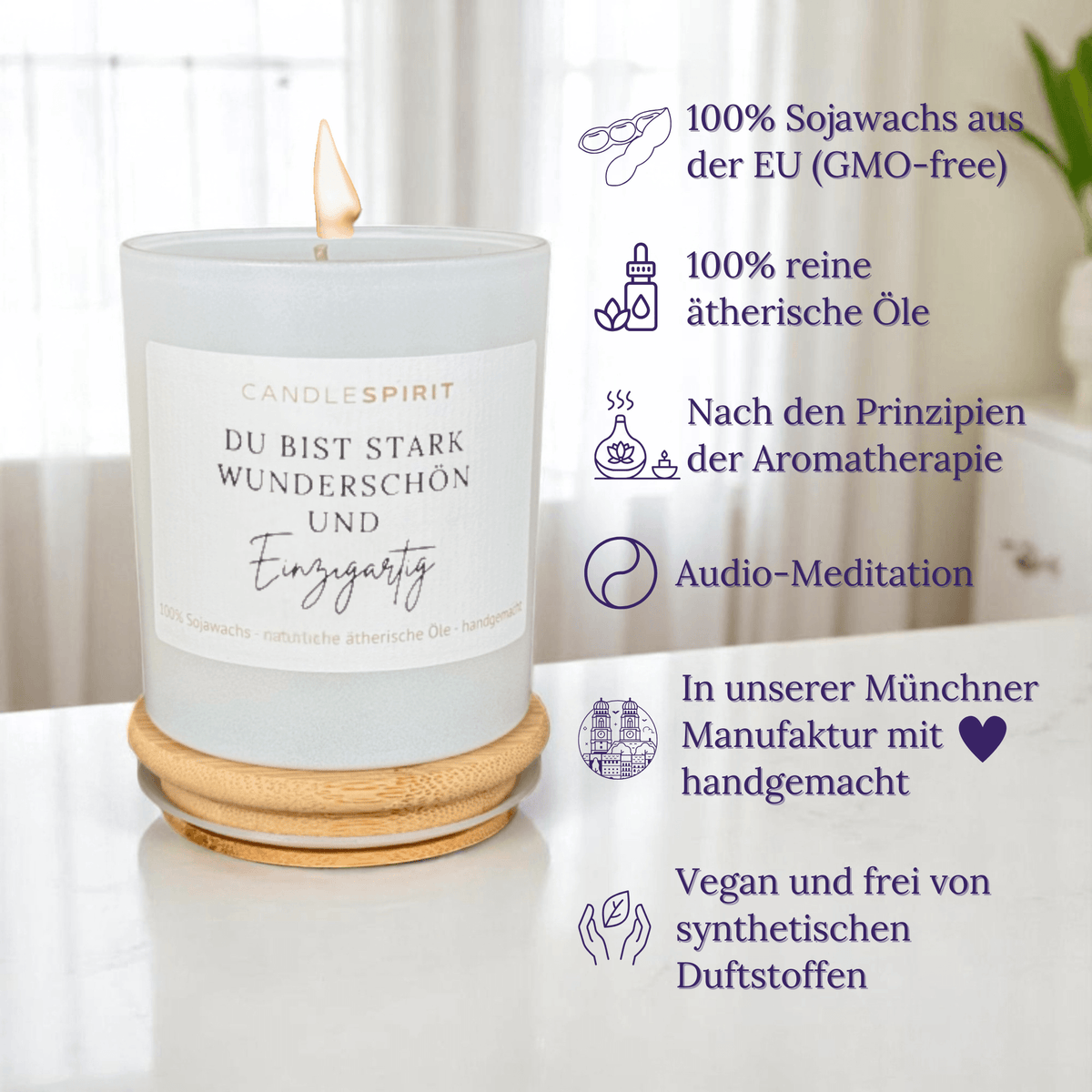 Duftkerze "Du bist stark, wunderschön und einzigartig" mit ätherischen Ölen & Audio-Meditation