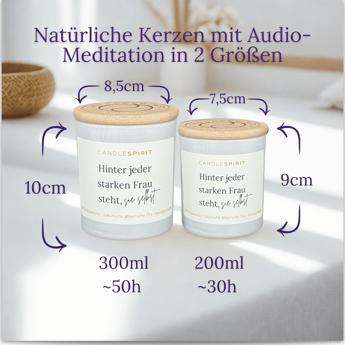 Duftkerze "Hinter jeder starken Frau steht sie selbst." mit ätherischen Ölen & Audio Meditation