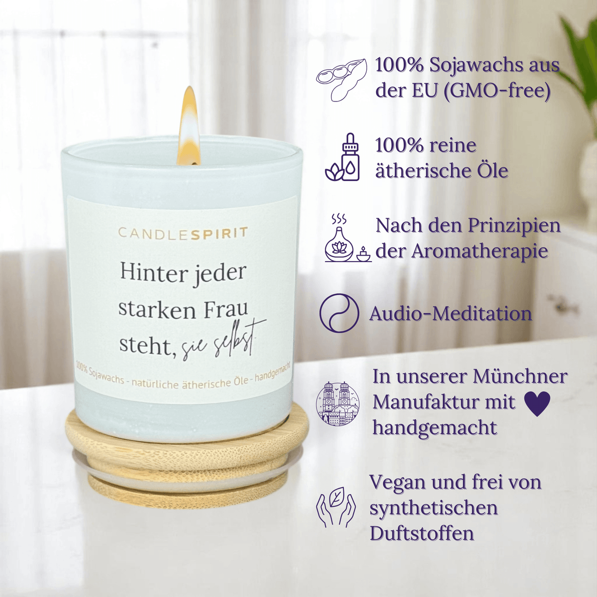 Duftkerze "Hinter jeder starken Frau steht sie selbst." mit ätherischen Ölen & Audio Meditation