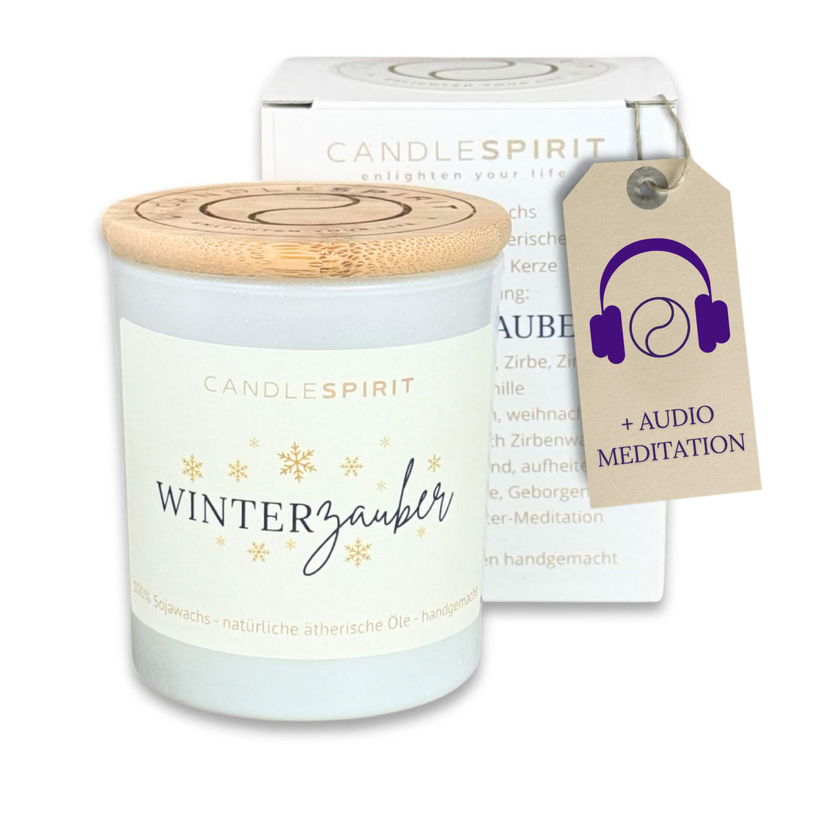 Audio-Duftkerze "Winterzauber" riecht frisch, festlich-würzig mit ätherischen Ölen & Audio-Reise