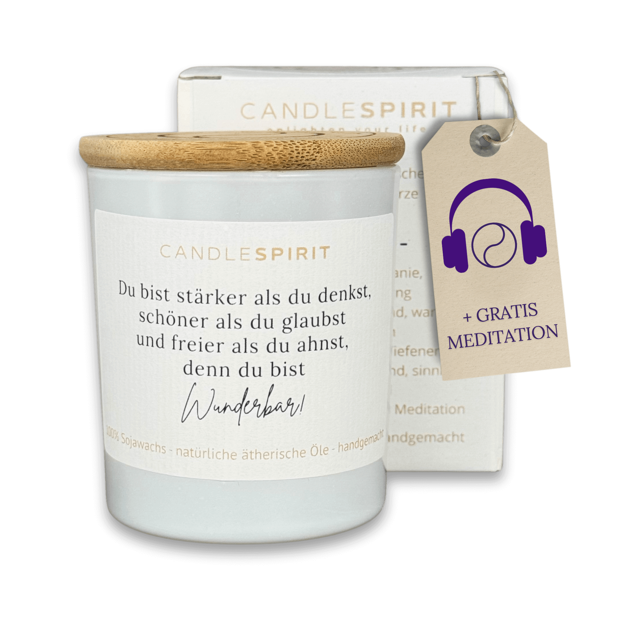 "Du bist stärker als Du denkst, schöner als Du glaubst und freier als Du ahnst, denn Du bist wunderbar." | Aromatherapie Duftkerze &  Gratis Meditation | Bio-Sojawachs
