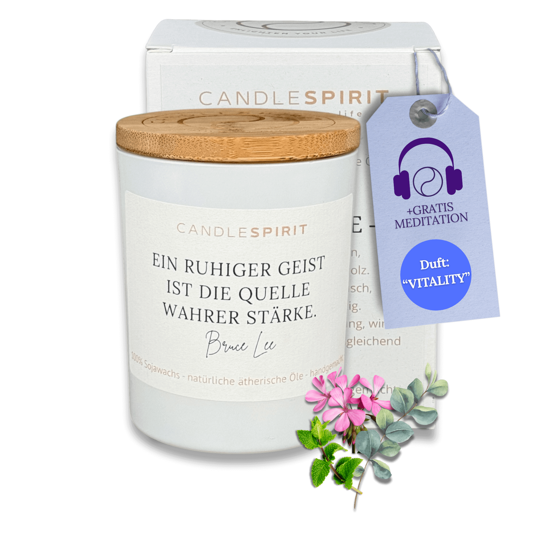 OUTLET – limitierte Edition: Aromatherapie Duftkerze | Duft VITALITY "Ein ruhiger Geist ist die Quelle wahrer Stärke. Bruce Lee" | Bio-Sojawachs | 150g | 30h Brenndauer | Gratis Meditation
