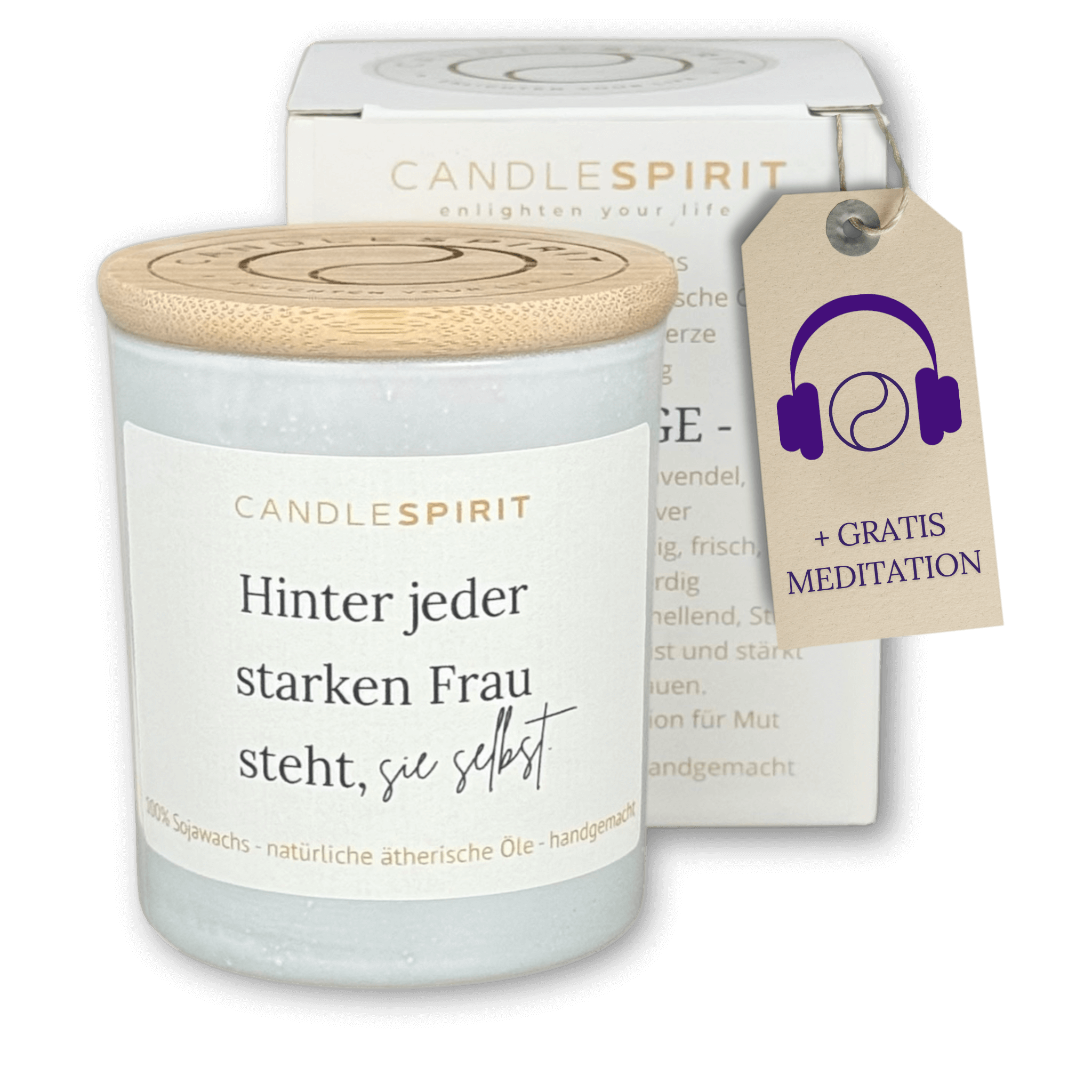 "Hinter jeder starken Frau steht sie selbst." | Aromatherapie Duftkerze &  Gratis Meditation | Bio-Sojawachs