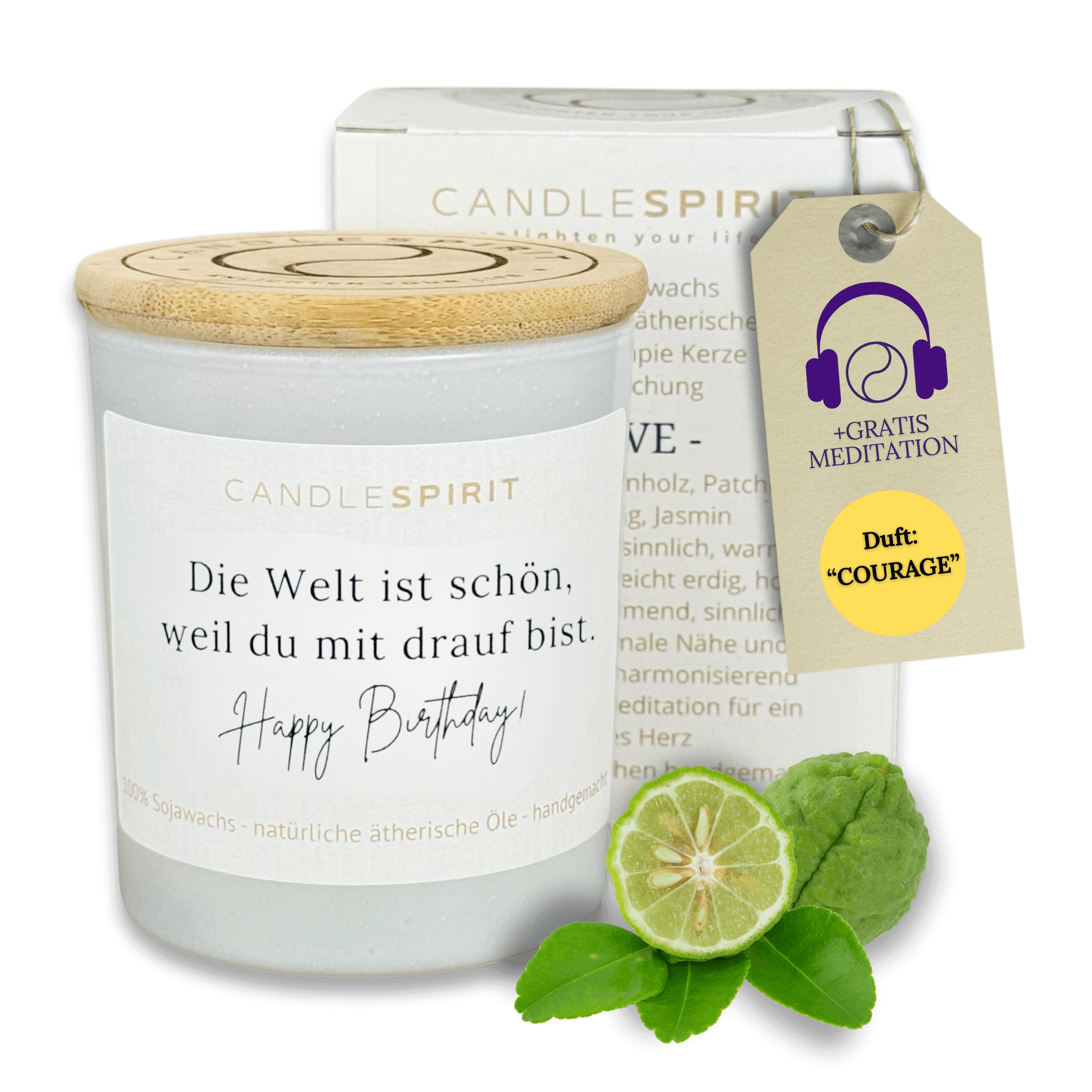 "Die Welt ist schön, weil Du mit drauf bist! Happy Birthday!" | Aromatherapie Duftkerze mit Meditation