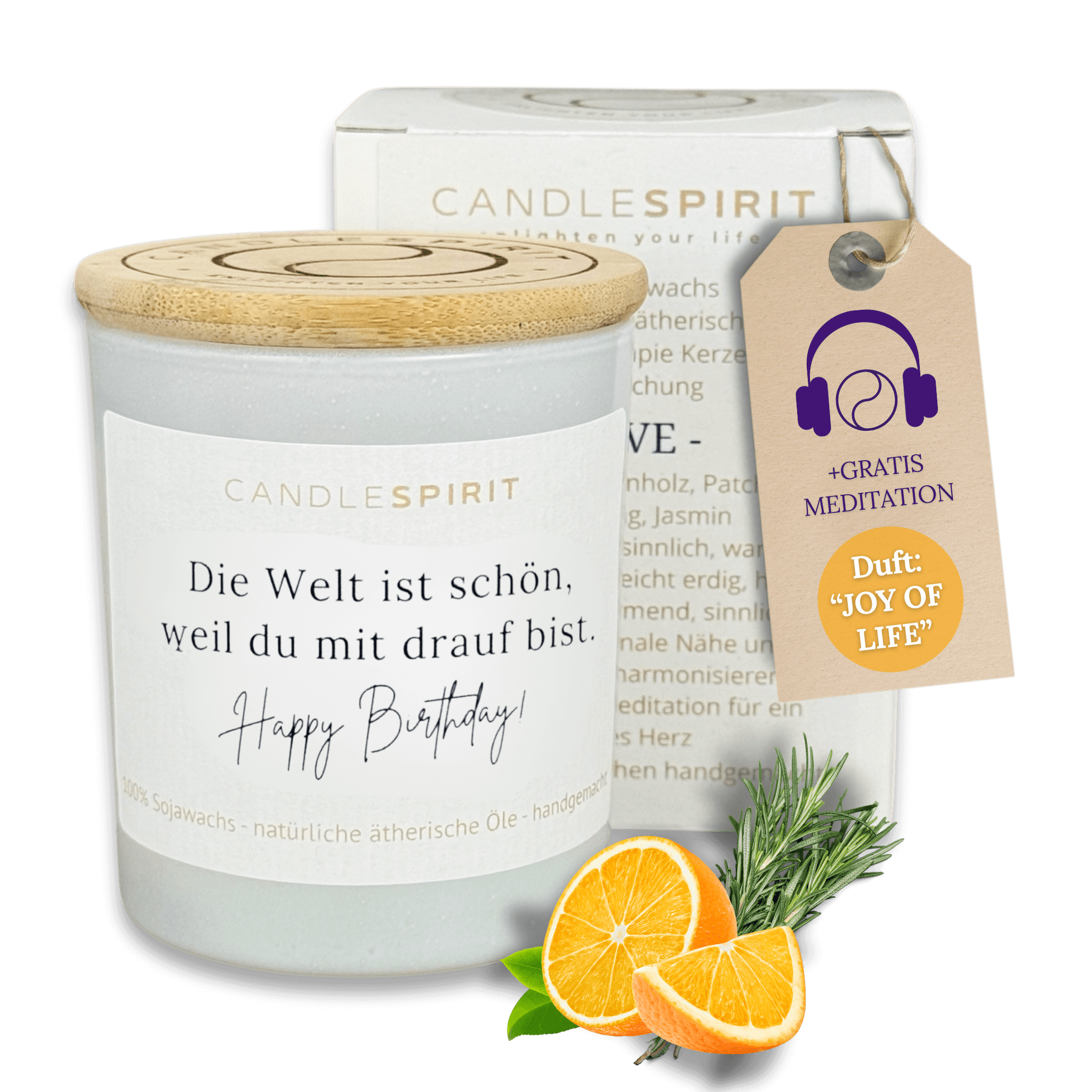 "Die Welt ist schön, weil Du mit drauf bist! Happy Birthday!" | Aromatherapie Duftkerze mit Meditation