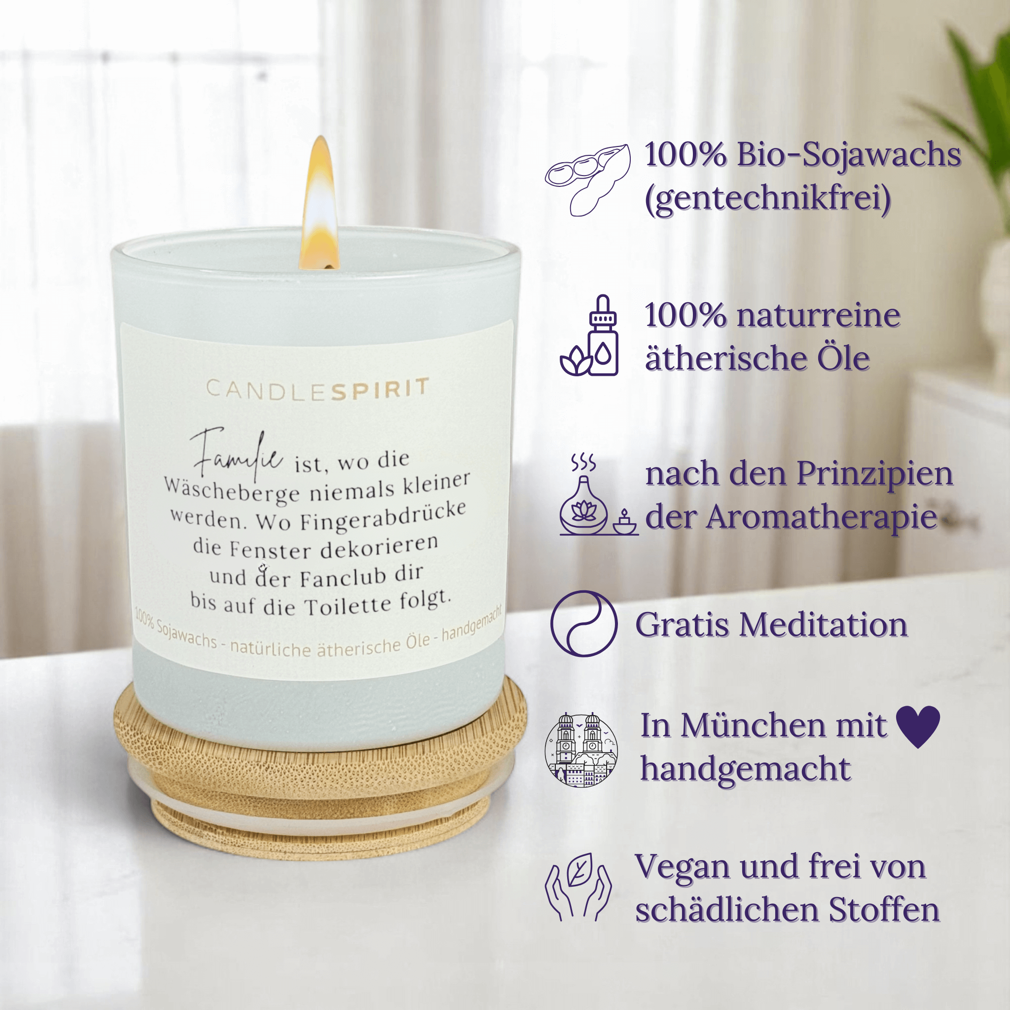 "Familie ist, wo die Wäscheberge niemals kleiner werden..." Duftkerze mit ätherischen Ölen & Audio-Meditation