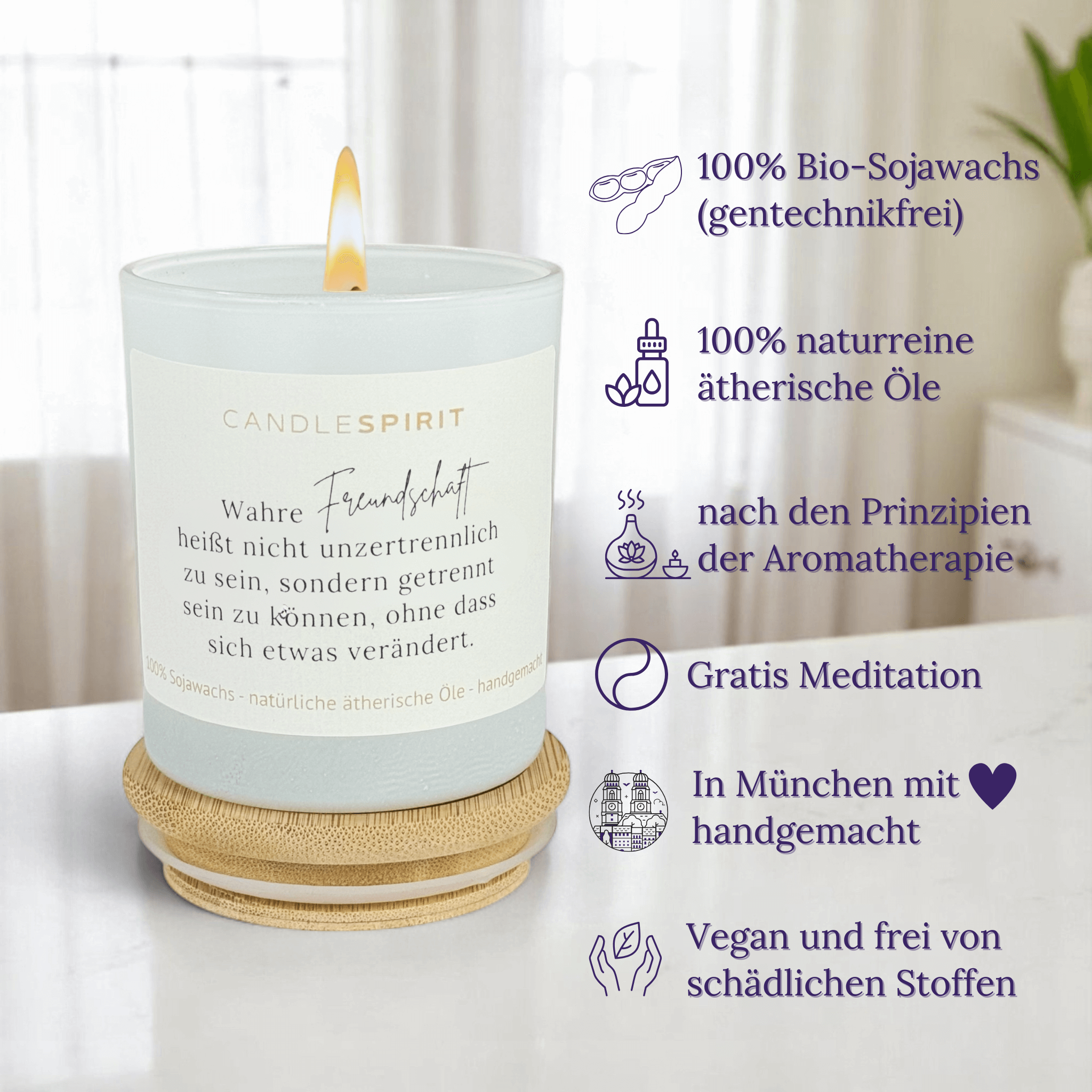 "Wahre Freundschaft heißt nicht unzertrennlich zu sein, sondern getrennt sein zu können, ohne dass sich etwas verändert." | Aromatherapie Duftkerze mit Meditation