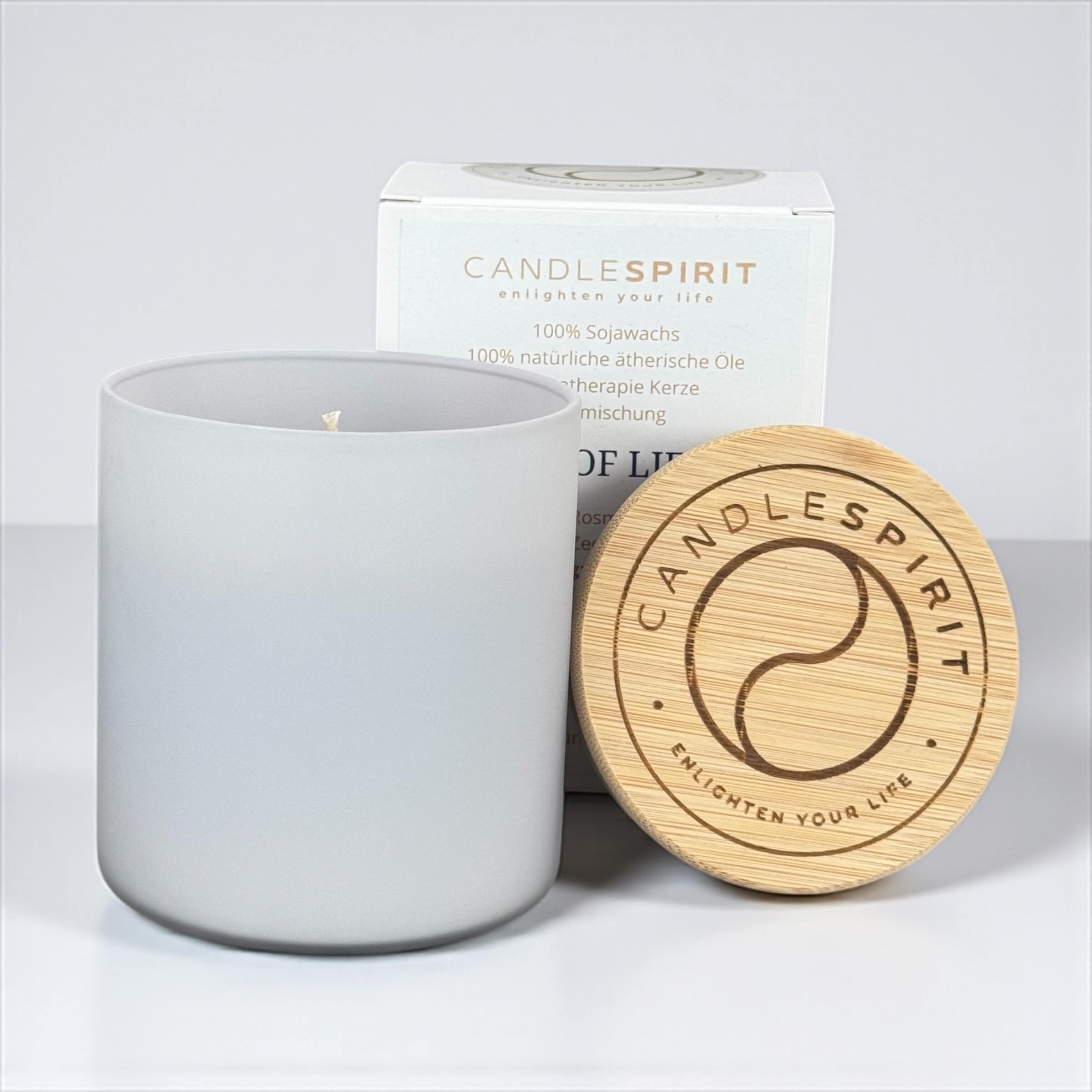 Design Sonderedition Aromatherapie Duftkerze Grey mit dem Duft "JOY OF LIFE" (260g Net, 60h Brennfreude) mit Meditation