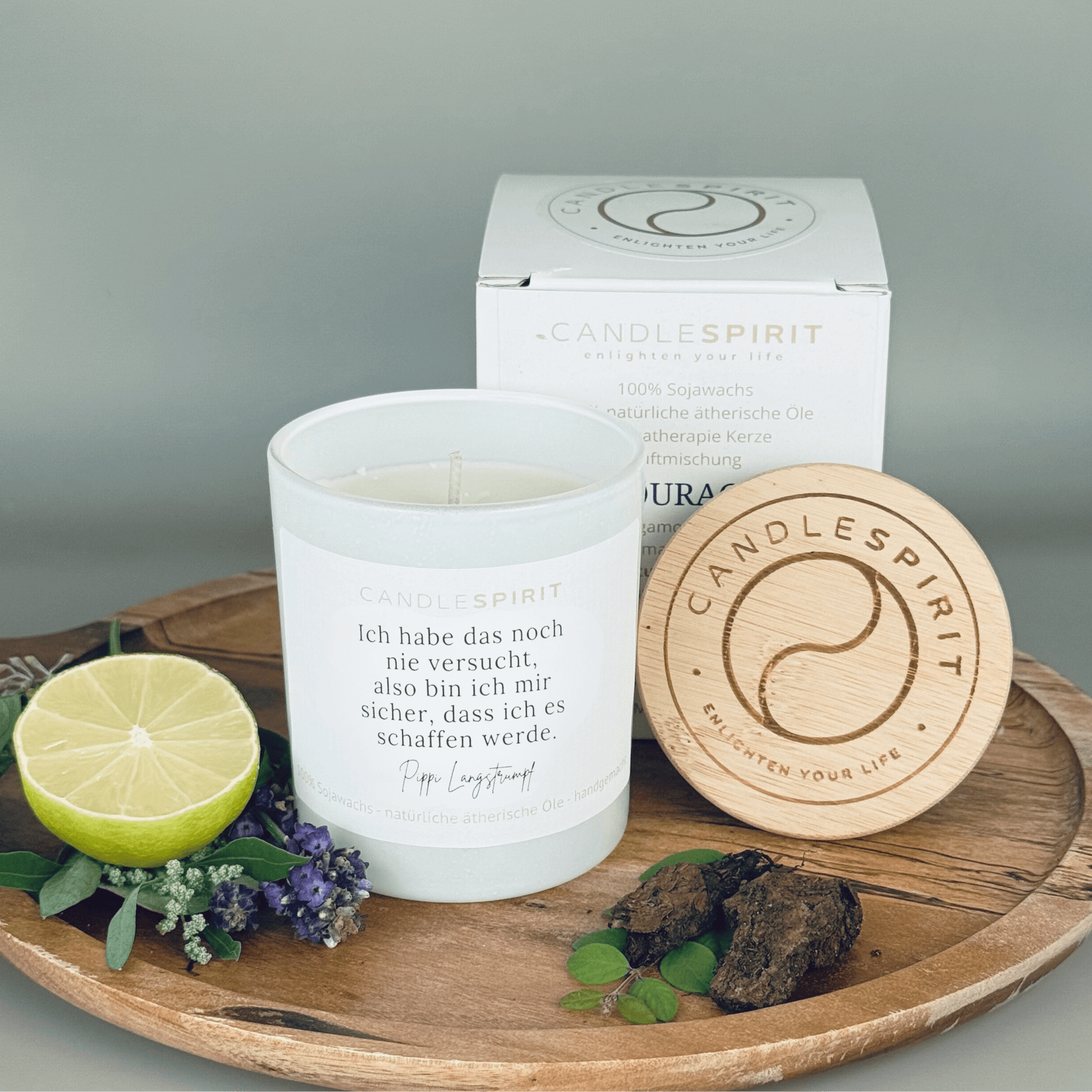 "Ich habe das noch nie vesucht, also bin ich mir sicher, dass ich es schaffen werde. Pippi Langstrumpf" | Aromatherapie Duftkerze &  Gratis Meditation | Bio-Sojawachs