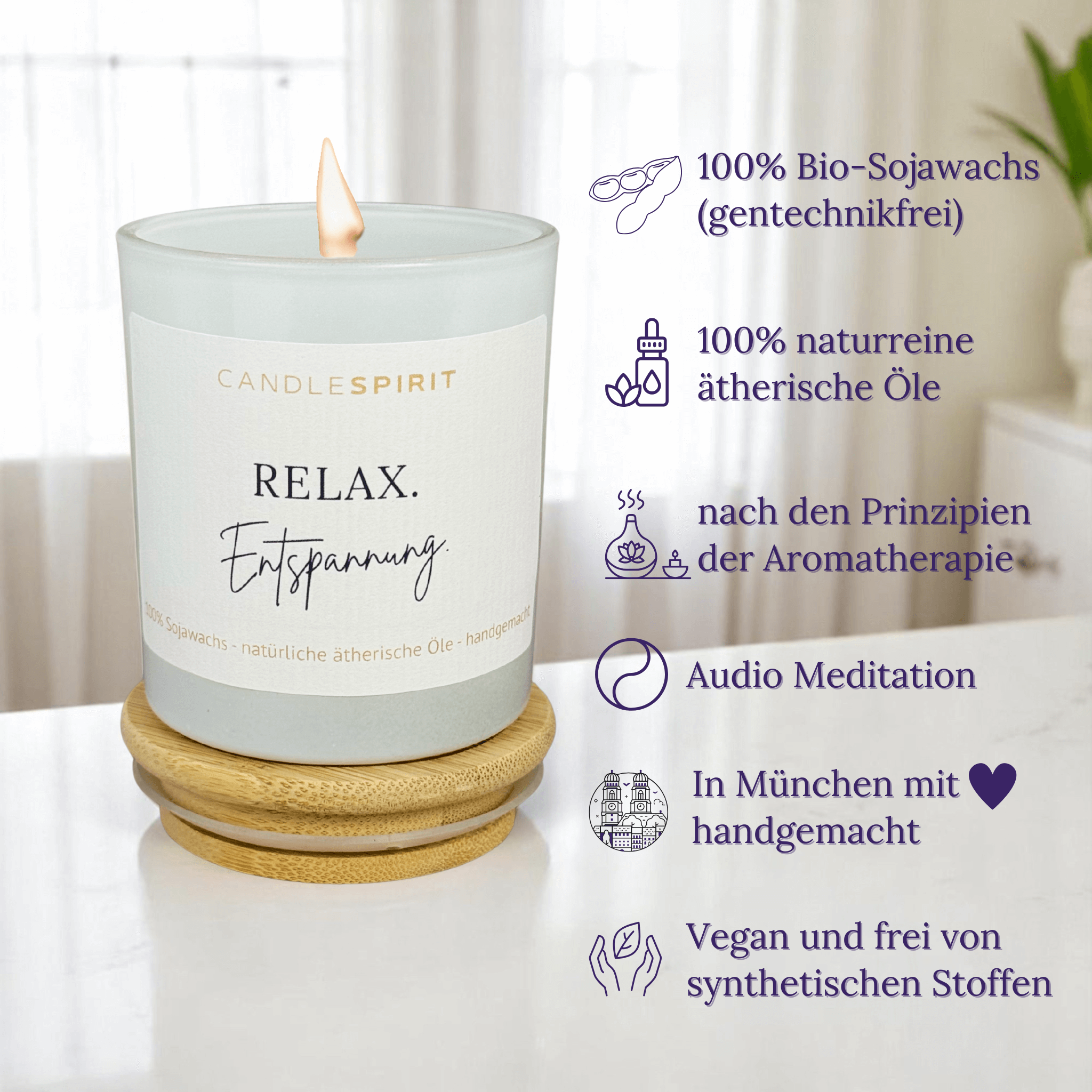"RELAX. Entspannung." | Duftkerze mit ätherischen Ölen & Audio-Meditation