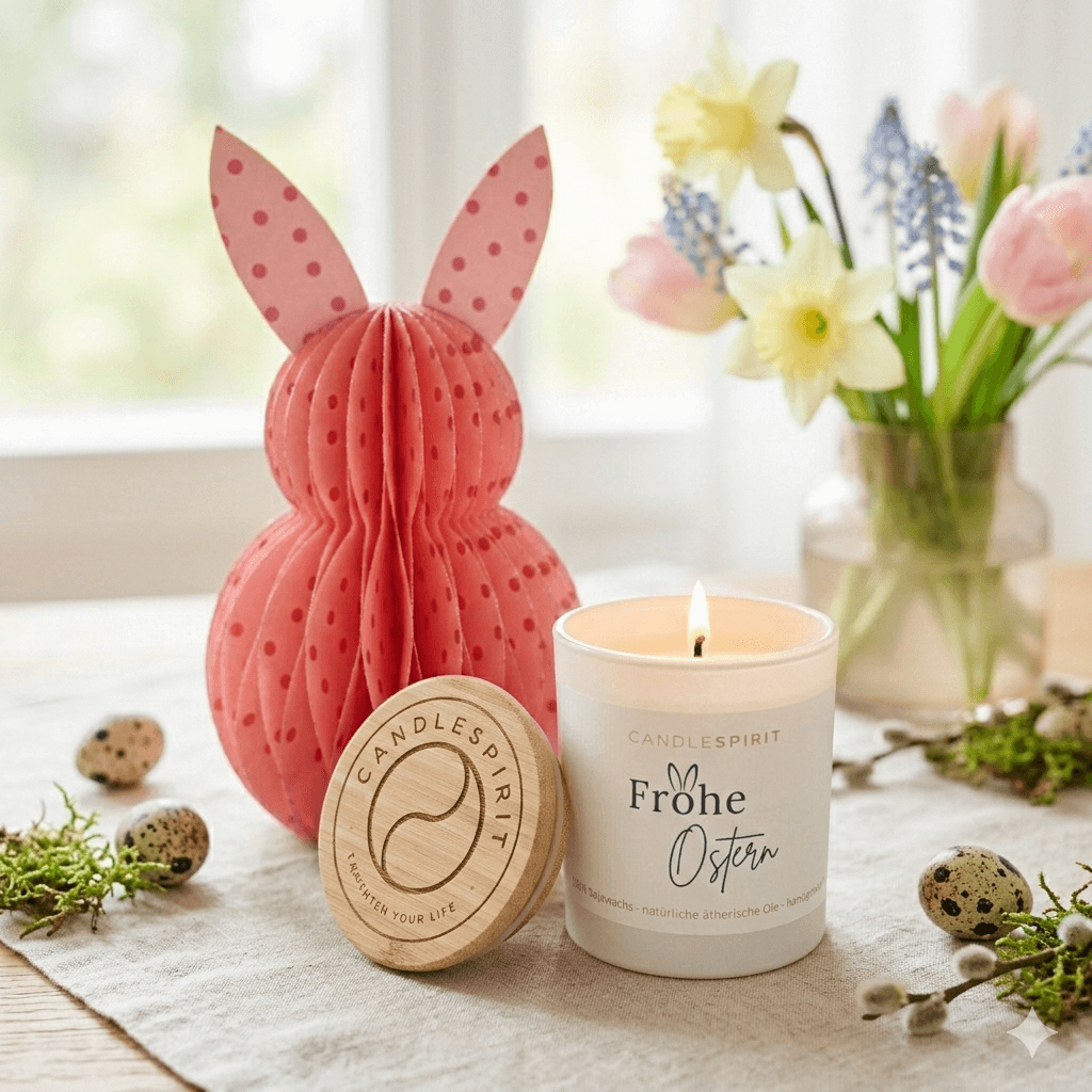 "Frohe Ostern" Duftkerze mit dem Duft für gute Laune & Audio-Meditation