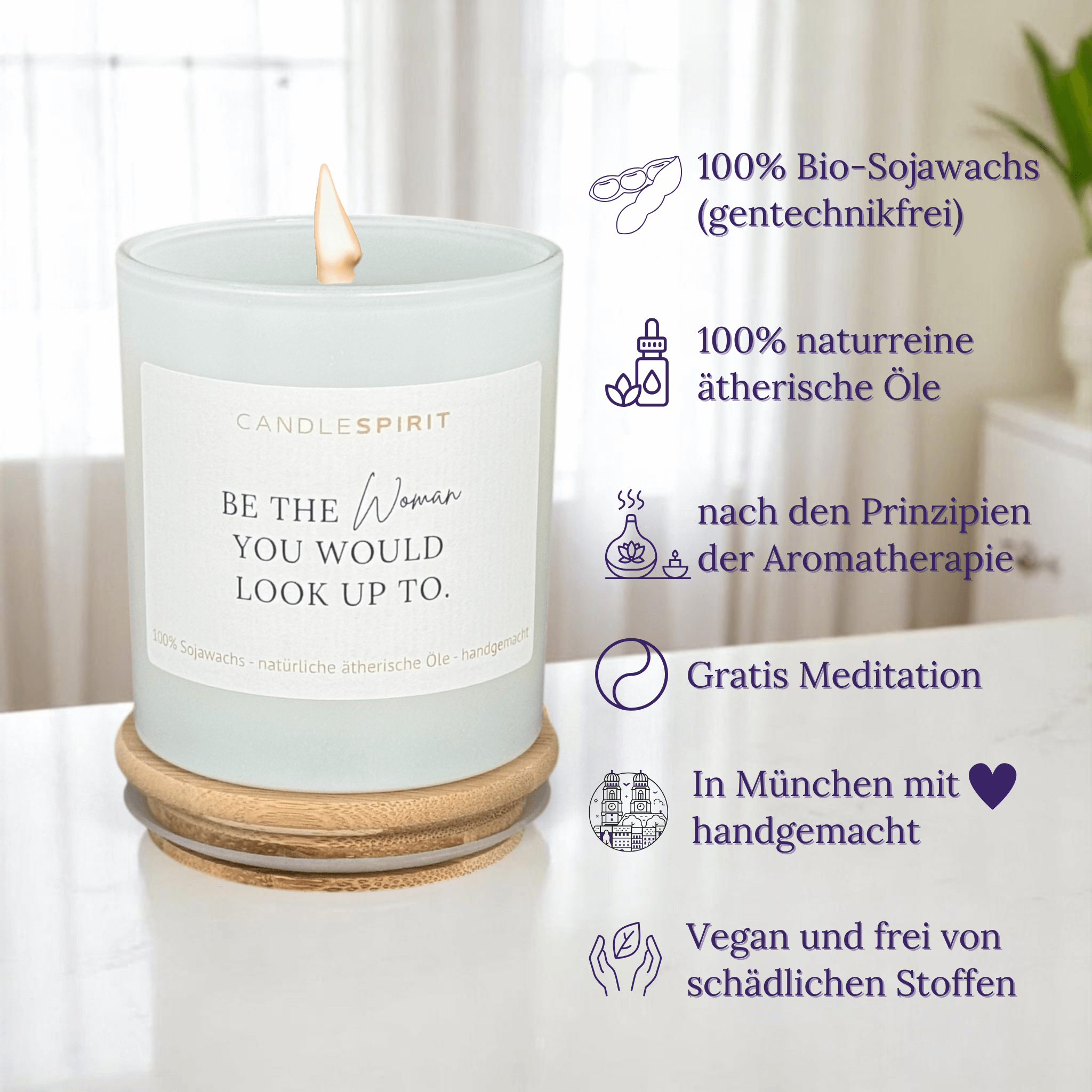 "Be the woman you would look up to." | Aromatherapie Kerze | Meditation passend je Duft im Bambusdeckel