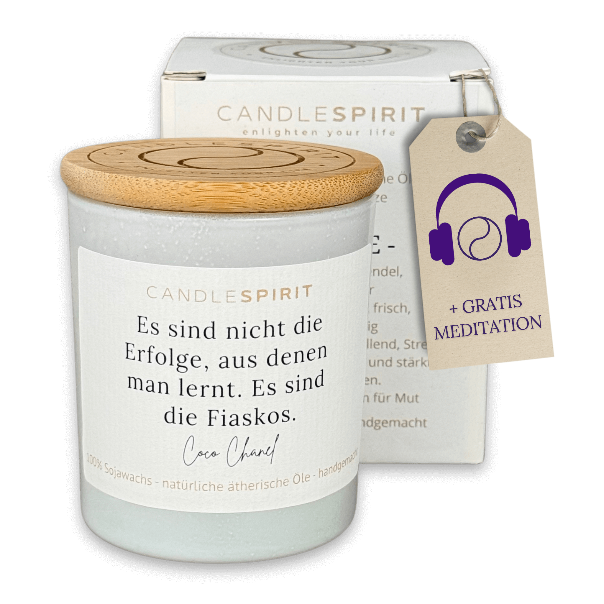"Es sind nicht die Erfolge, aus denen man lernt, es sind die Fiaskos. Coco Chanel" | Duftkerze mit ätherischen Ölen & Audio-Meditation