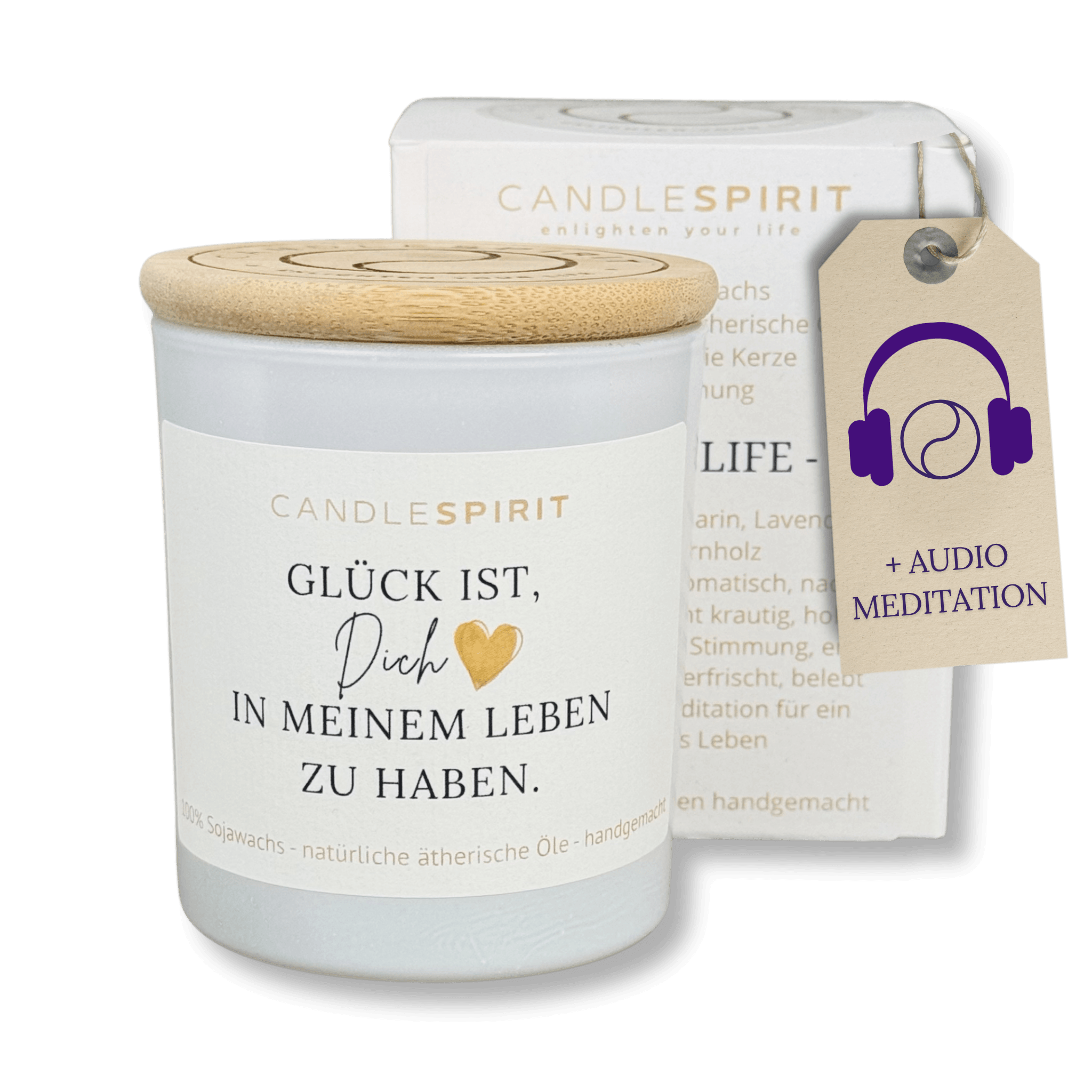 Duftkerze "Glück ist, dich in meinem Leben zu haben." mit natürlichen Inhaltsstoffen & Audio-Entspannung