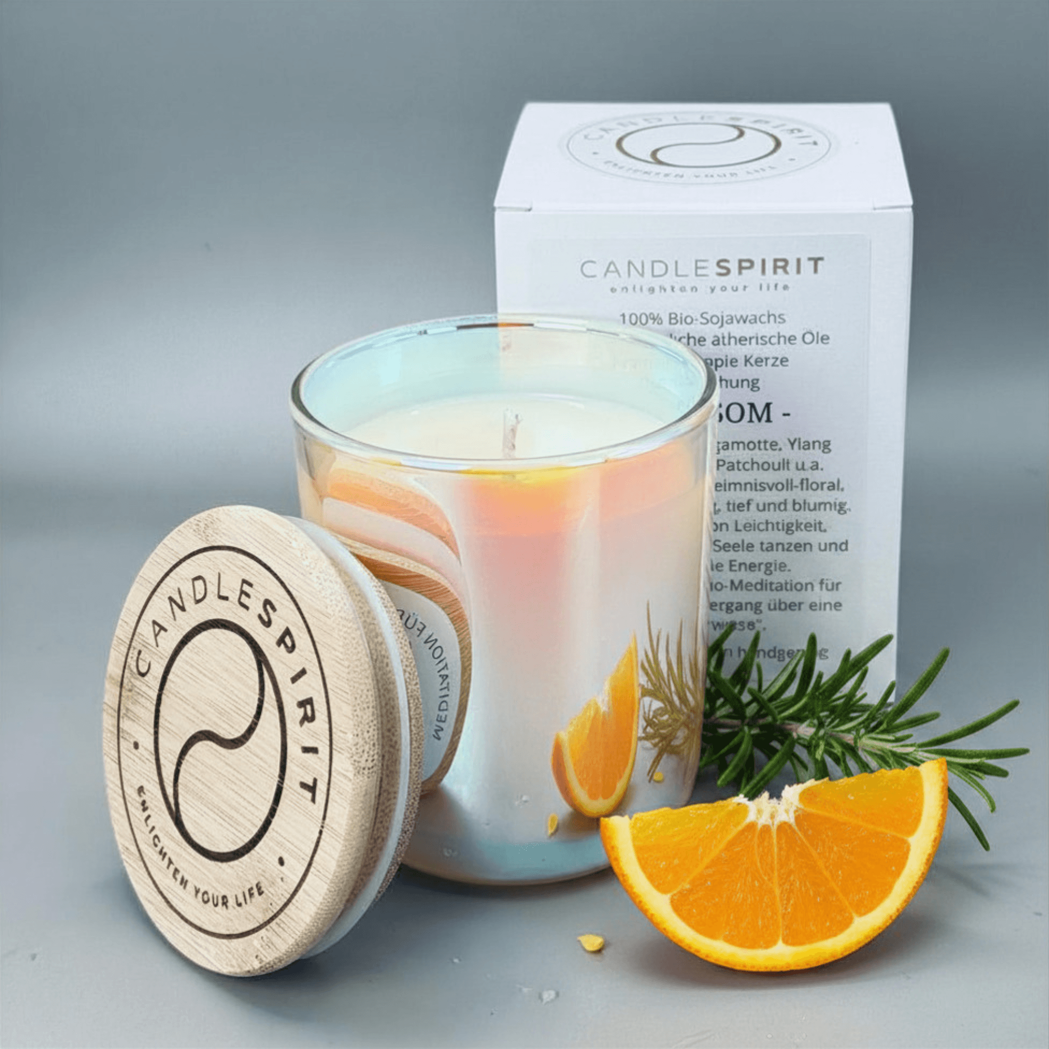 Duftkerze "Shine-JOY OF LIFE" riecht fruchtig-frisch nach Orange & Rosmarin & Audio-Meditation | ca. 45h Brenndauer