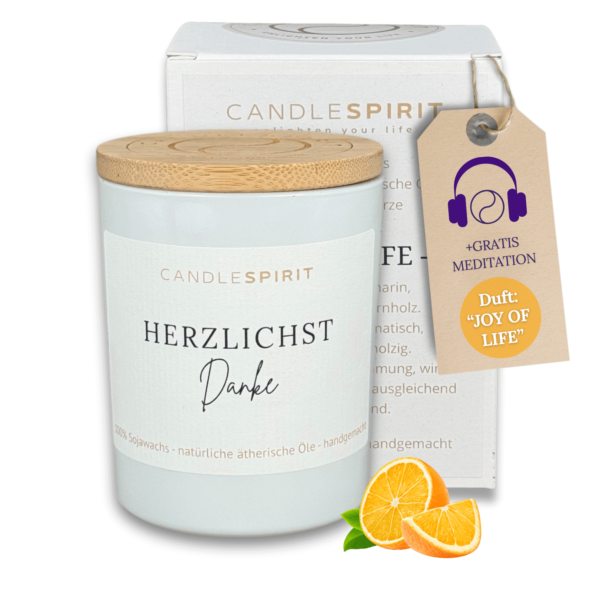 OUTLET – limitierte Edition: Aromatherapie Duftkerze | Duft JOY OF LIFE | Zitat: "Herzlichst Danke" | Bio-Sojawachs | Gratis Meditation