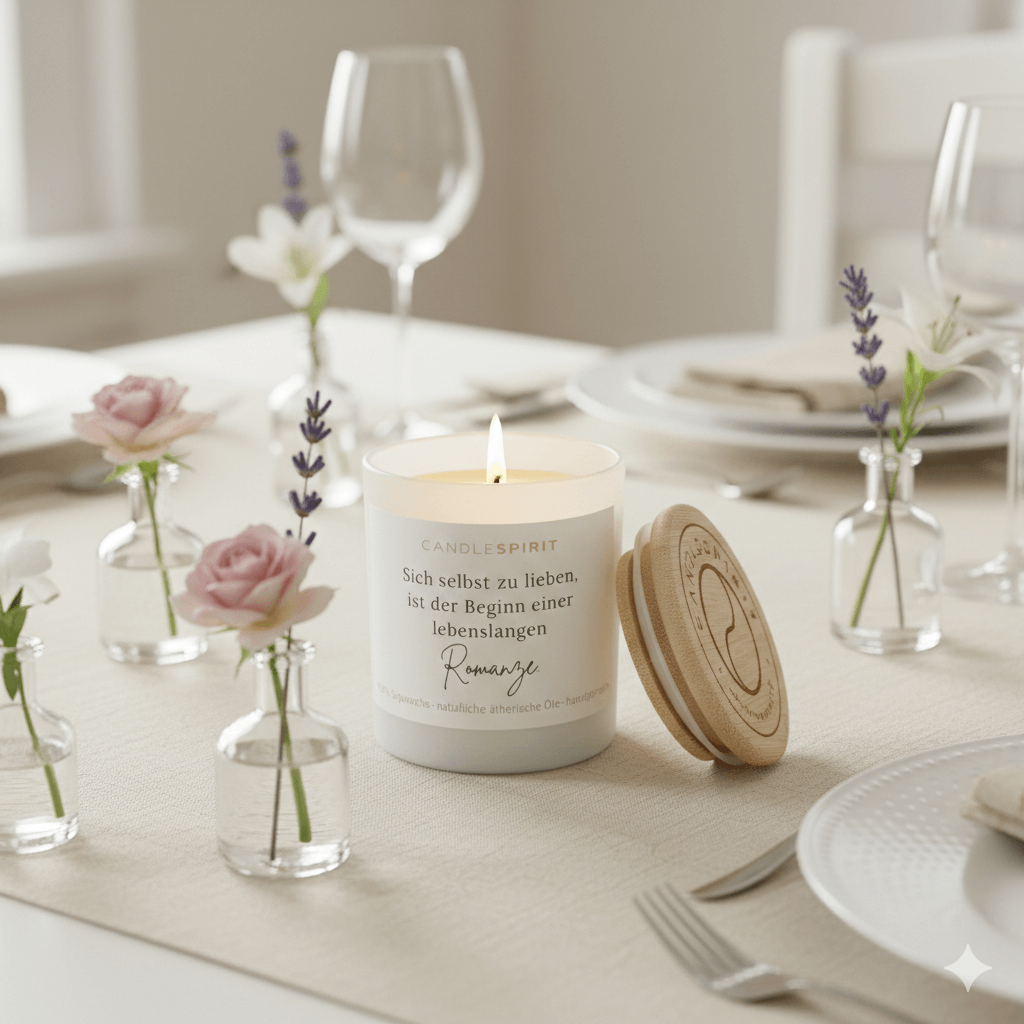 "Sich selbst zu lieben ist der Beginn einer lebenslangen Romanze." | Duftkerze mit ätherischen Ölen & Audio-Meditation