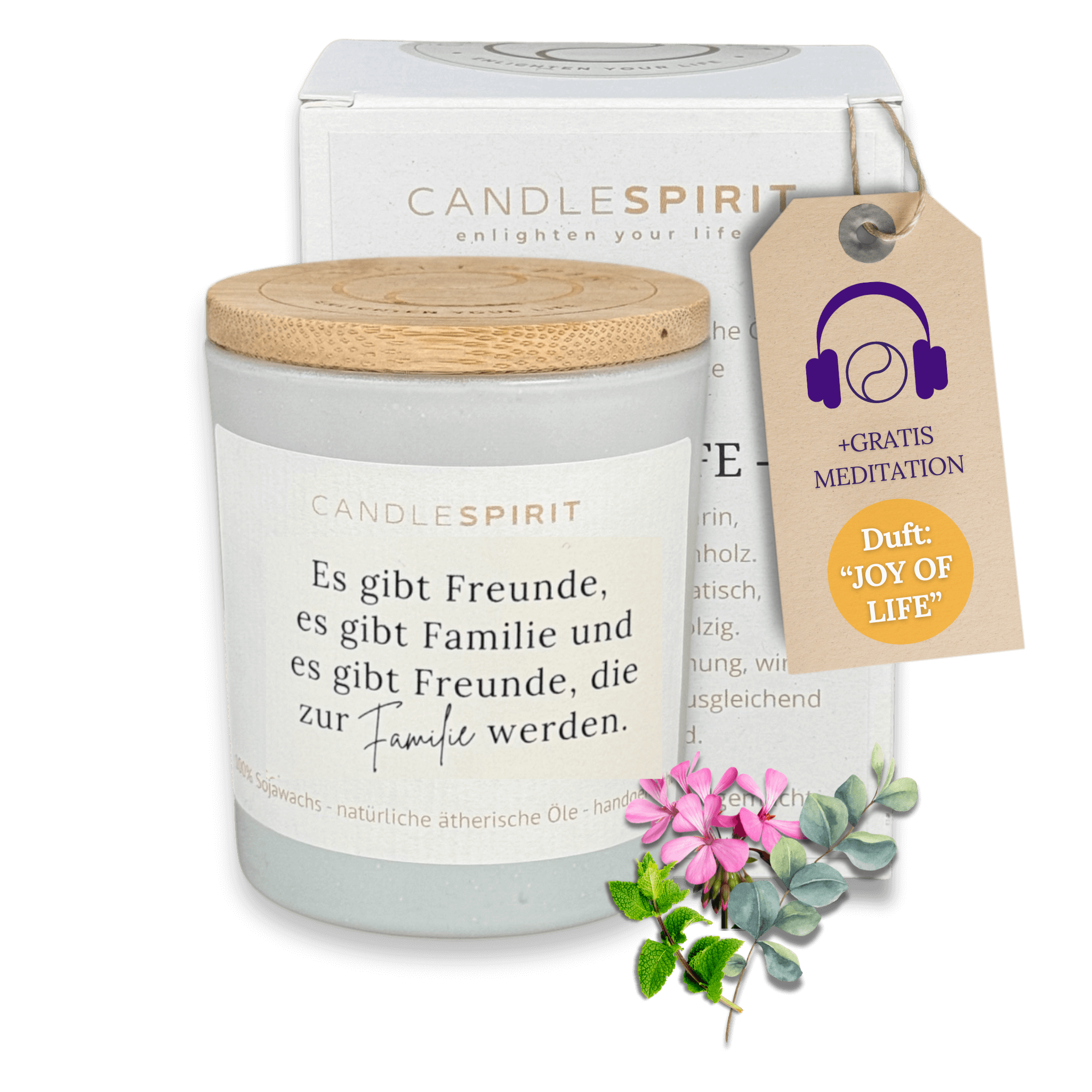 OUTLET - limitierte Edition: Aromatherapie Duftkerze | Duft JOY OF LIFE | Zitat: "Es gibt Freunde, es gibt Familie..." | Bio-Sojawachs | Gratis Meditation