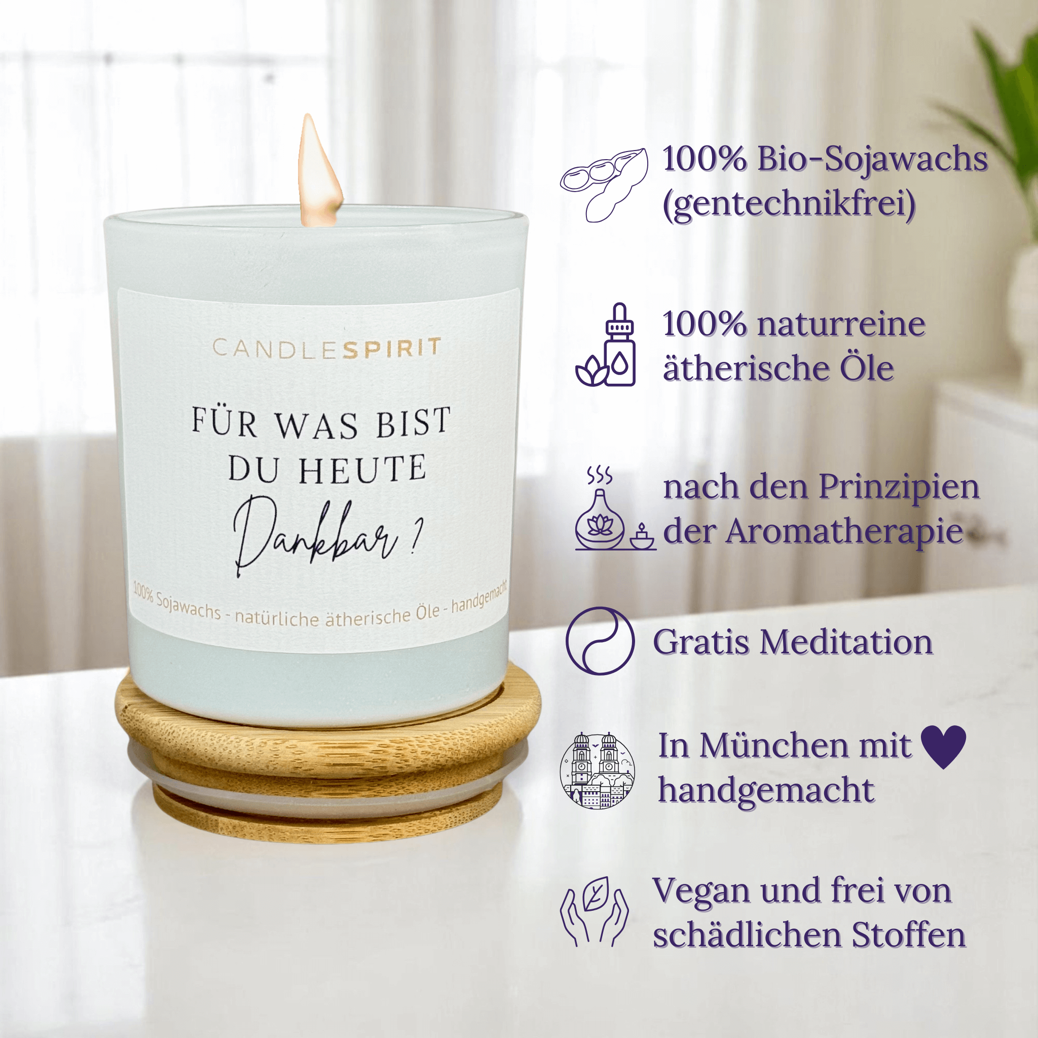 "Für was bist du heute dankbar?" | Aromatherapie Duftkerze &  Gratis Meditation | Bio-Sojawachs