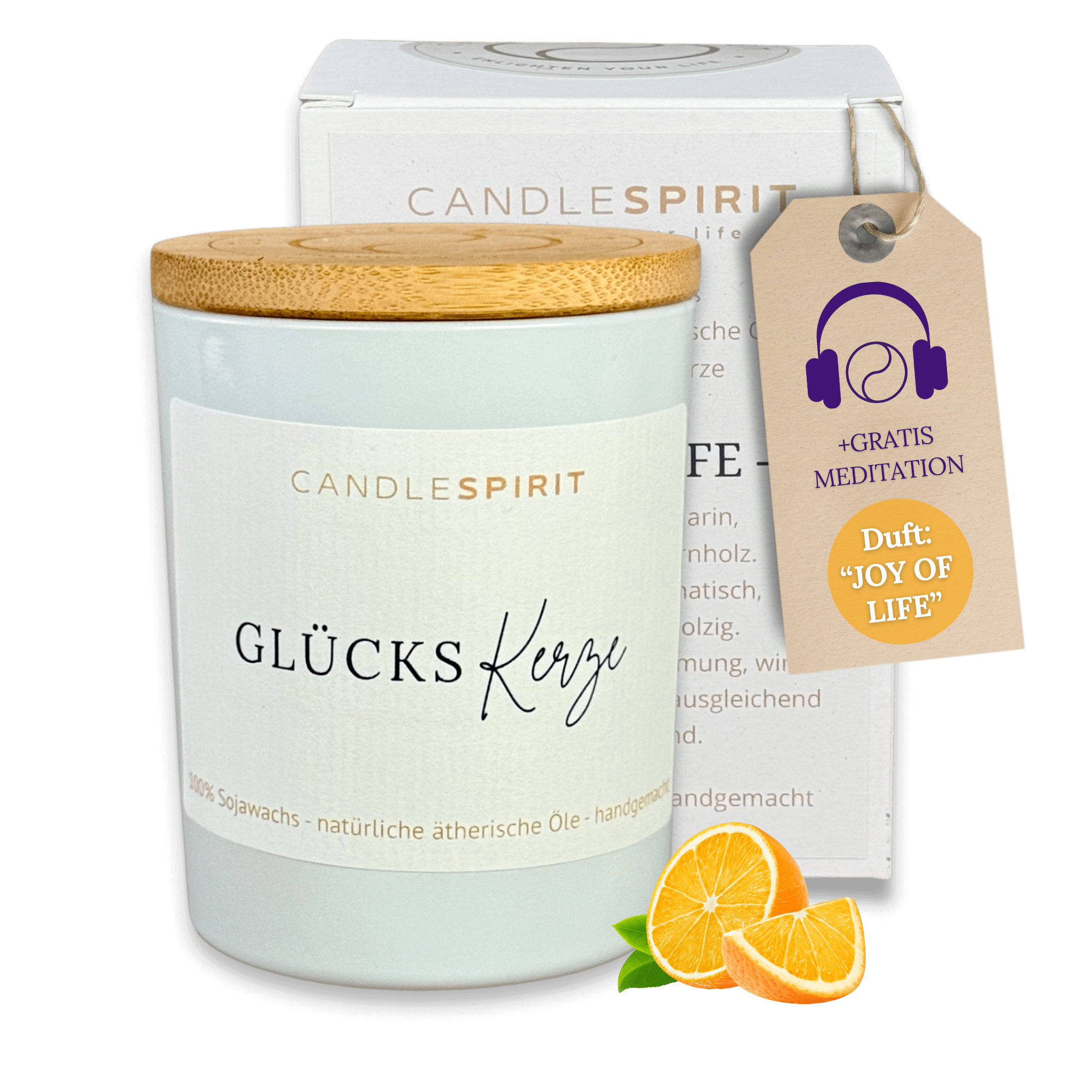 OUTLET – limitierte Edition: Aromatherapie Duftkerze | Duft JOY OF LIFE | Zitat: "Glückskerze" | Bio-Sojawachs | Gratis Meditation