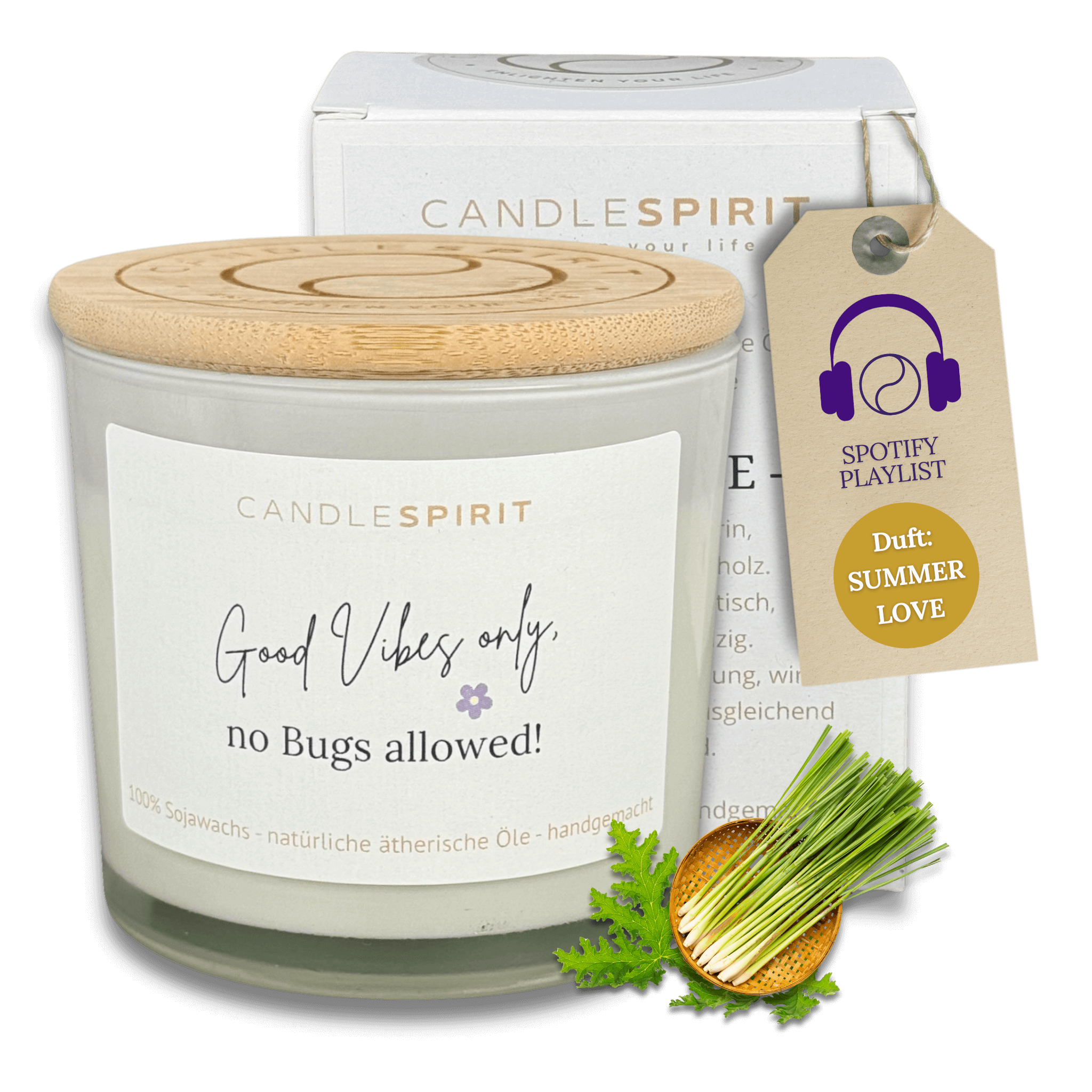 "Good Vibes only, no Bugs allowed!" | Outdoor Aromatherapie Duftkerze | Duft "SUMMERLOVE" aus Citronella und Lemongrass | 50h