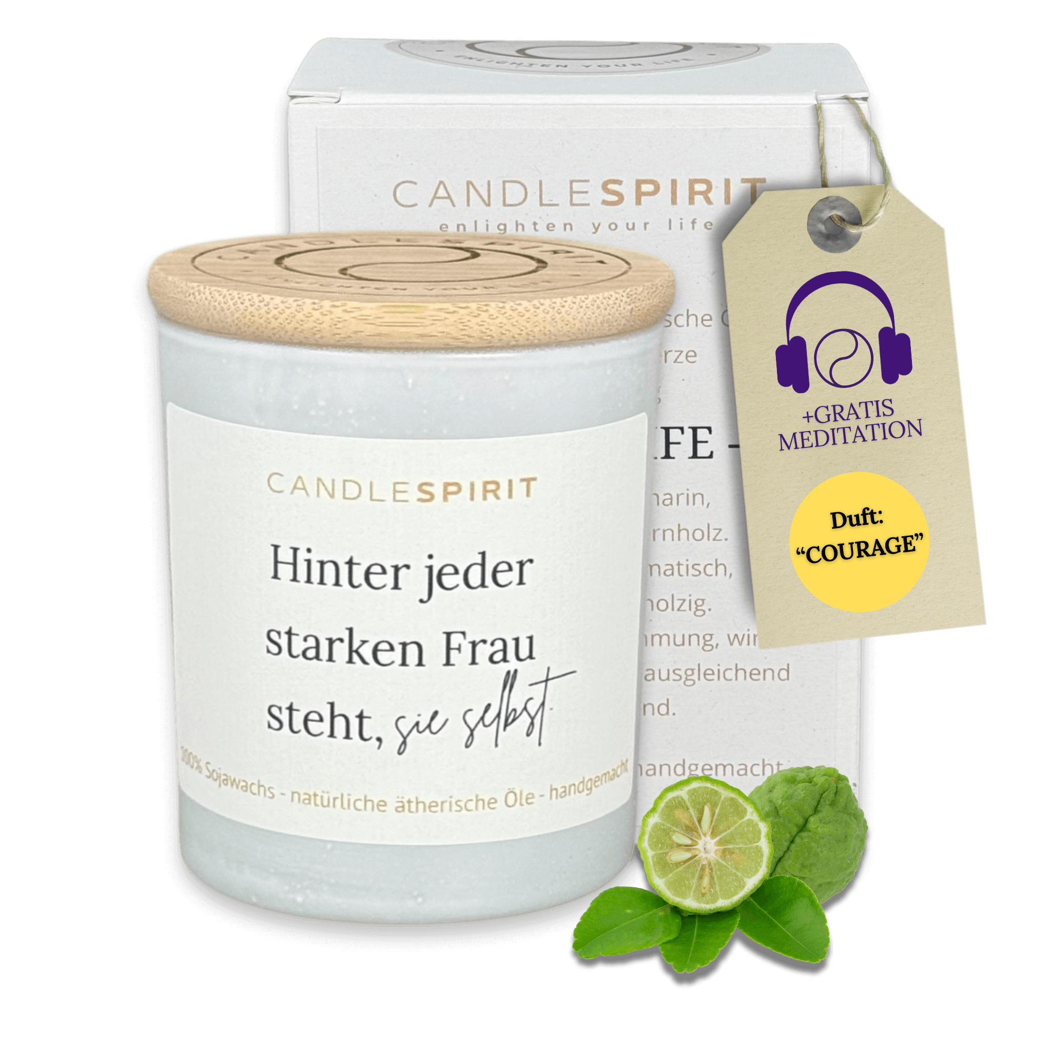 "Hinter jeder starken Frau steht sie selbst." | Aromatherapie Duftkerze &  Gratis Meditation | Bio-Sojawachs
