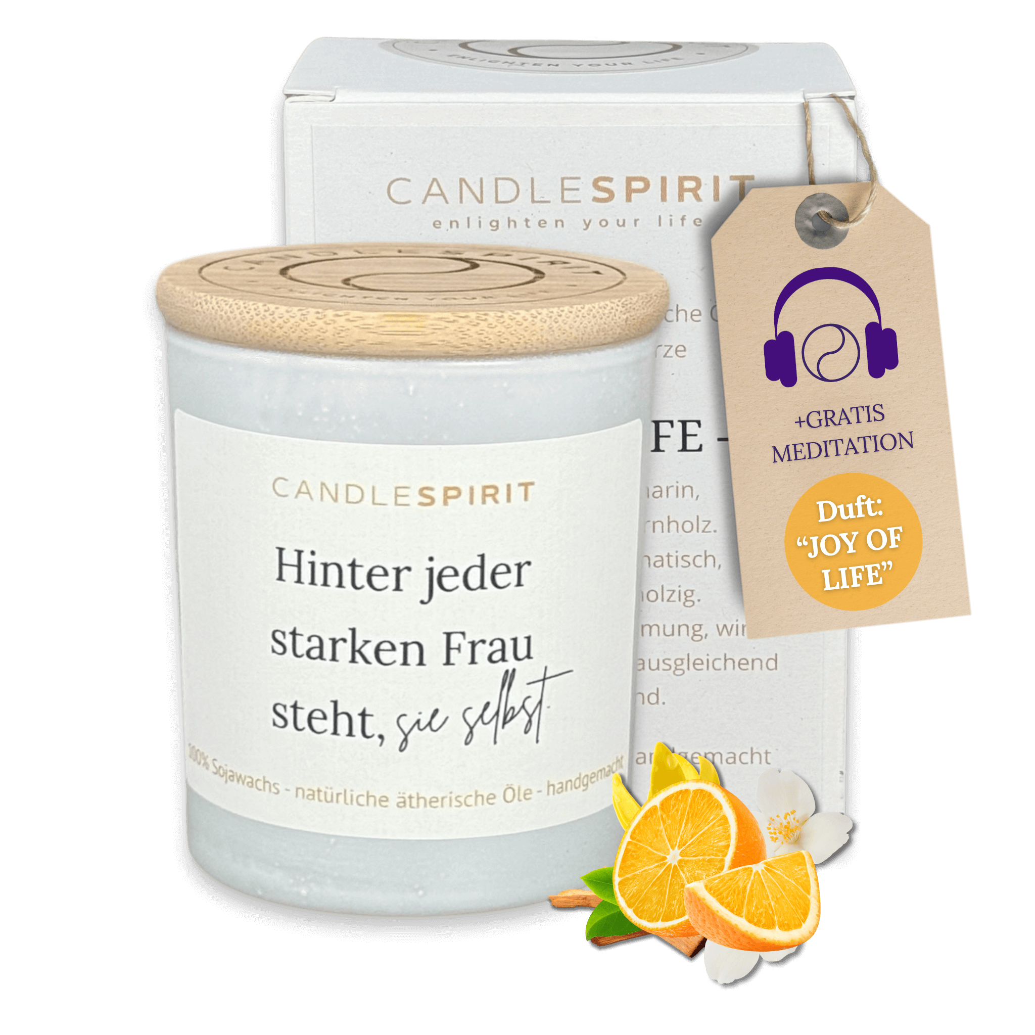 "Hinter jeder starken Frau steht sie selbst." | Aromatherapie Duftkerze &  Gratis Meditation | Bio-Sojawachs
