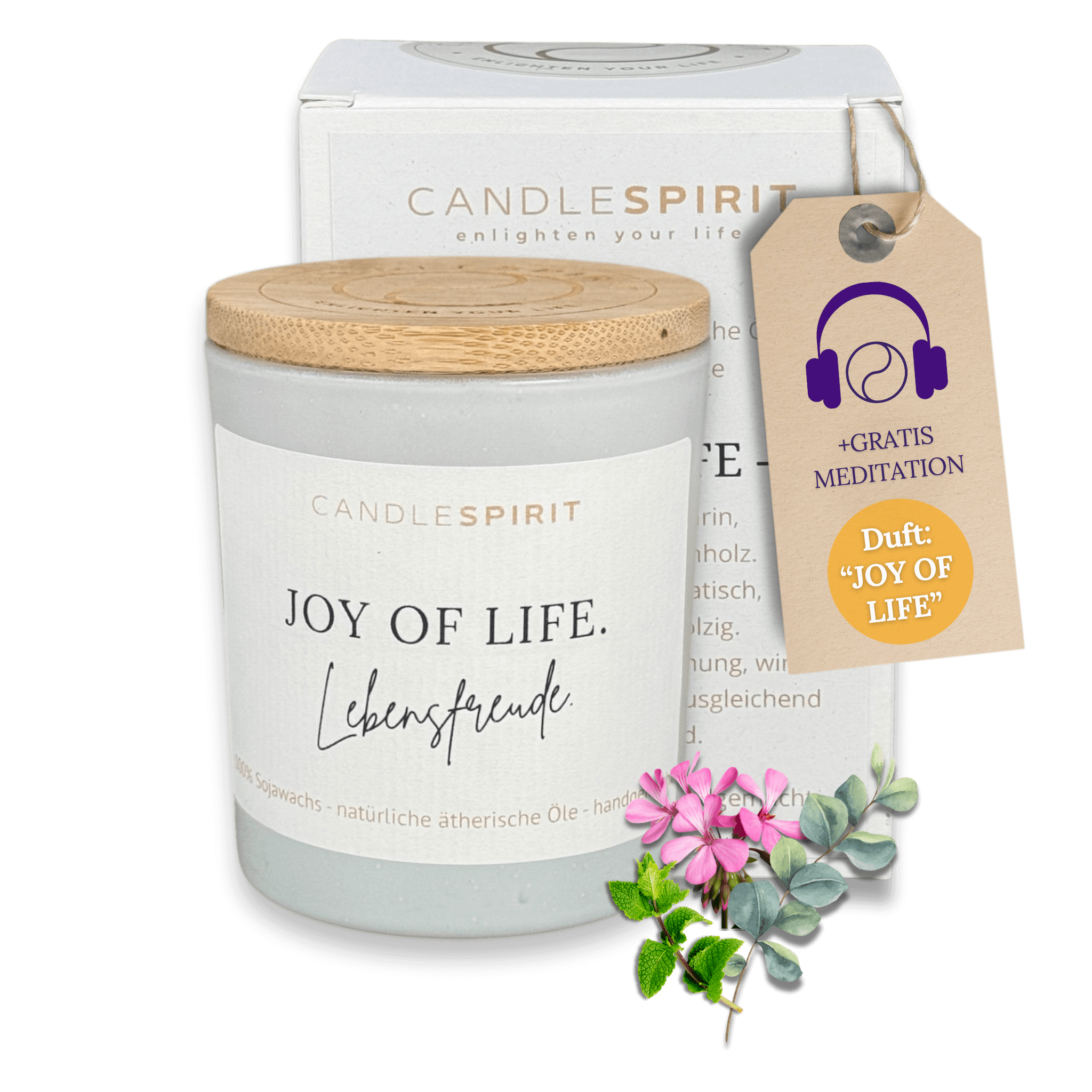 OUTLET – limitierte Edition: Aromatherapie Duftkerze | Duft JOY OF LIFE | Zitat "JOY OF LIFE. Lebensfreude" | Bio-Sojawachs | Gratis Meditation