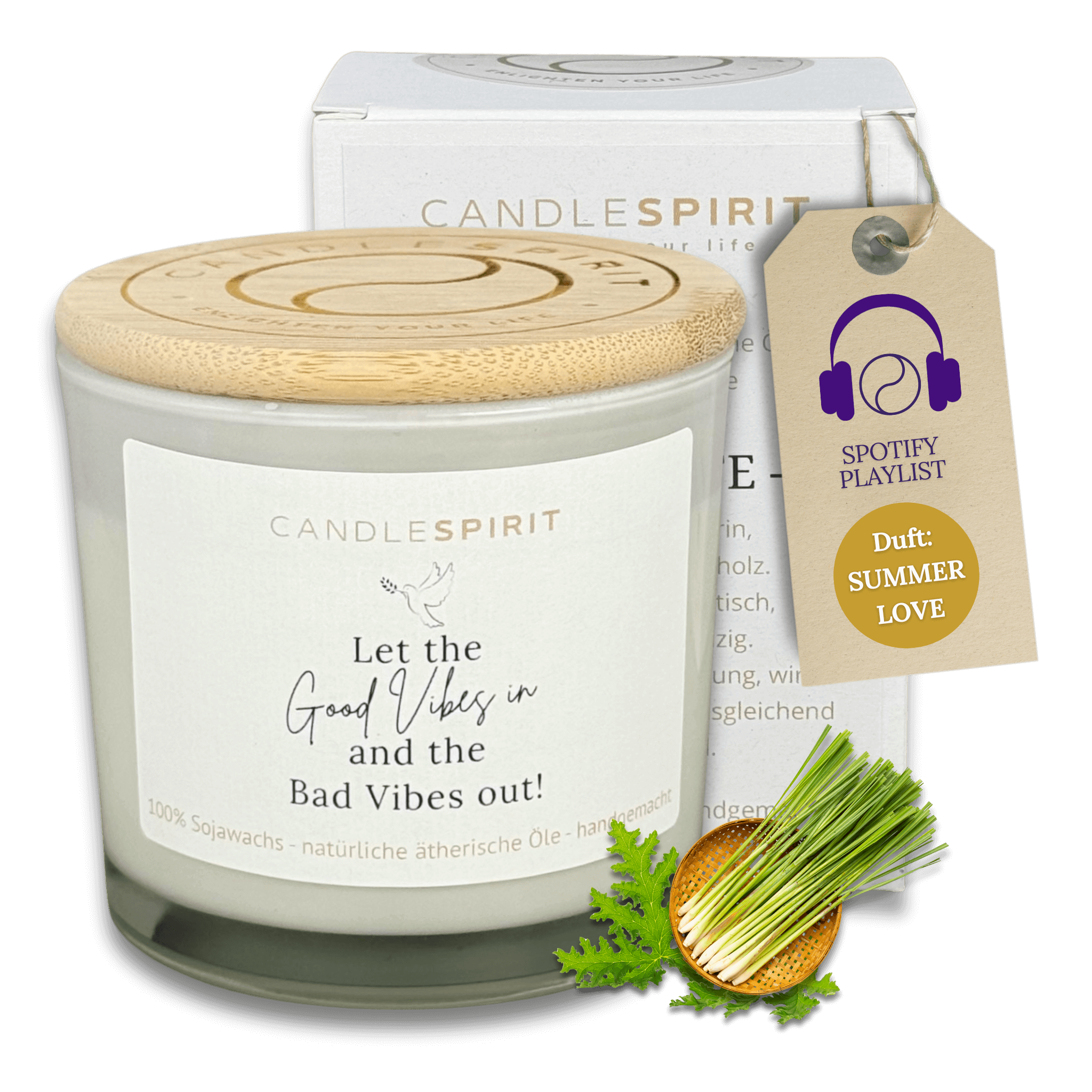 "Let the Good Vibes in and the Bad Vibes out!" | Outdoor Aromatherapie Duftkerze | Duft "SUMMERLOVE" aus Citronella und Lemongrass | 50h