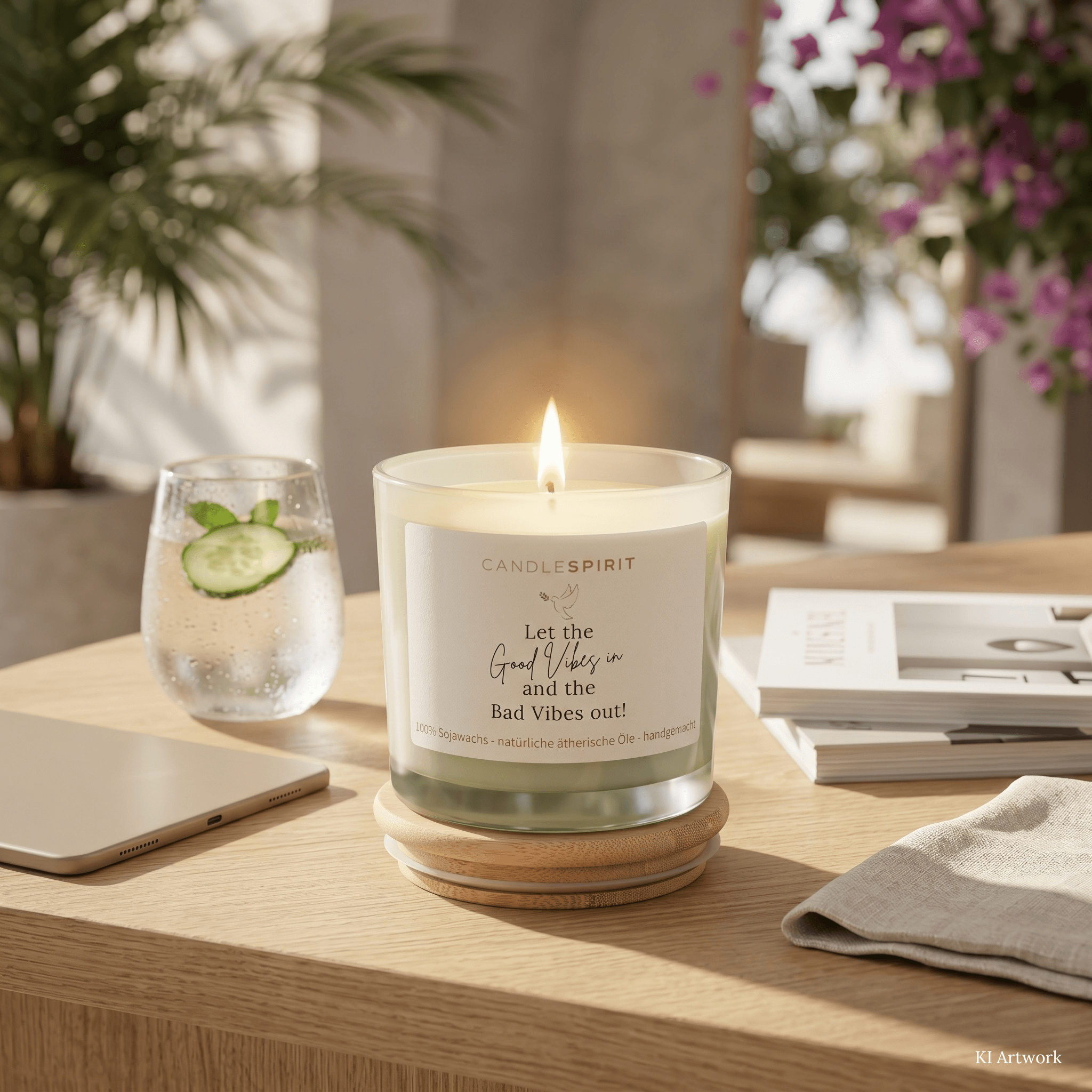 CANDLESPIRIT SUMMERLOVE Duftkerze mit dem Zitat "Let the good Vibes in and the bad Vides out" Natürliches Citronella und Lemongras- Das Moodbild wurde mit Hilfe von KI erstellt. Die Kerzen sind handgemacht.