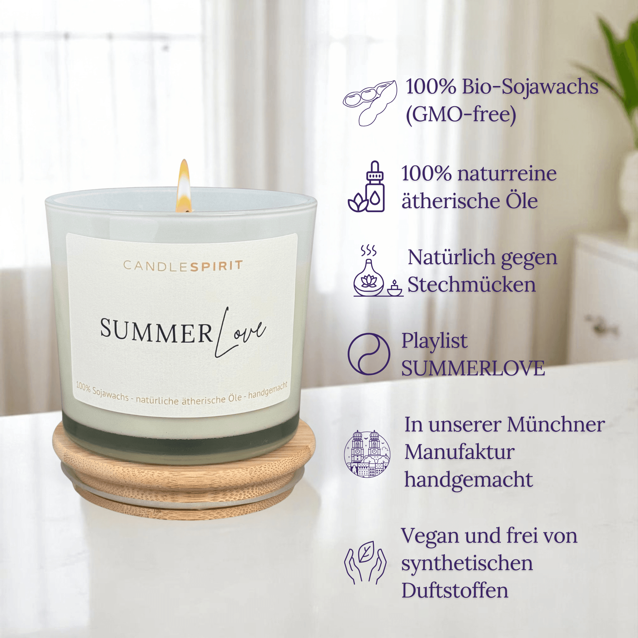 Duftkerze "SUMMERLOVE" mit natürlichem Citronella & Lemongras | Bio-Sojawachs | 50h Brenndauer