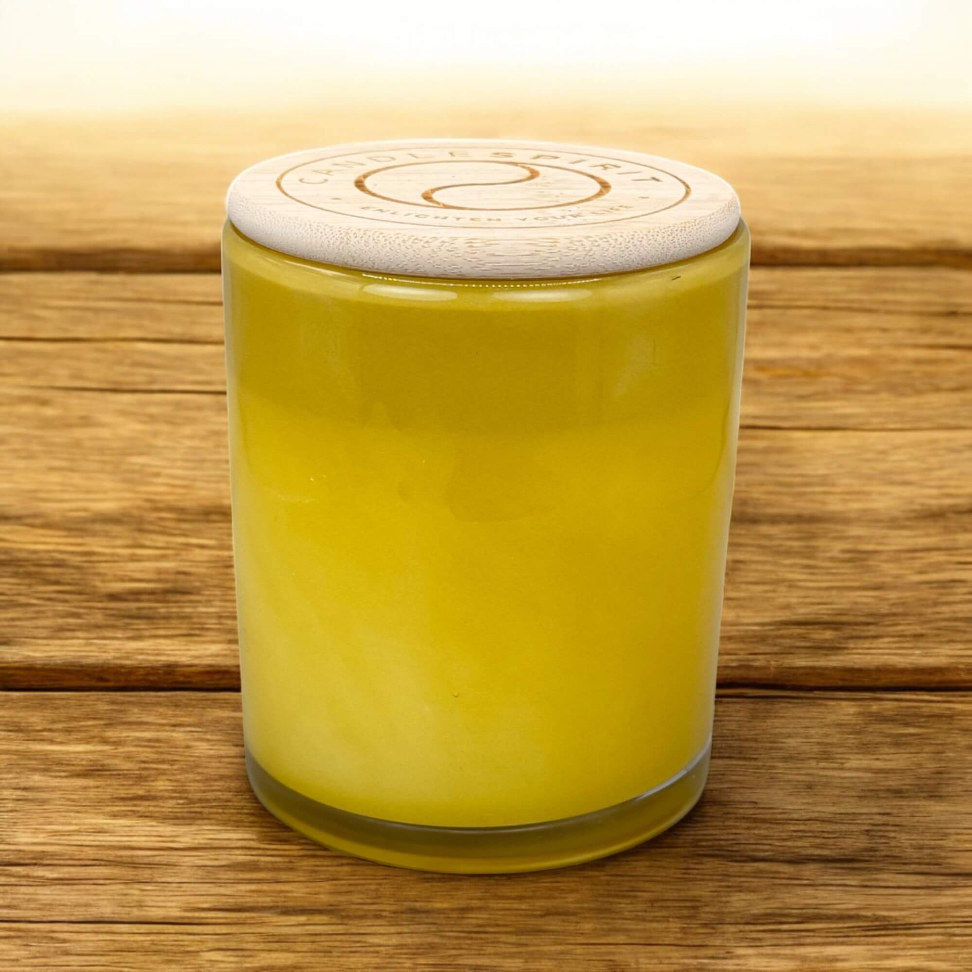 Design Sonderedition Aromatherapie Kerze Sonnengelb | Duft "JOY OF LIFE" | 360g Net | 80h Brennfreude | Gratis Meditation je Duft im Bambusdeckel