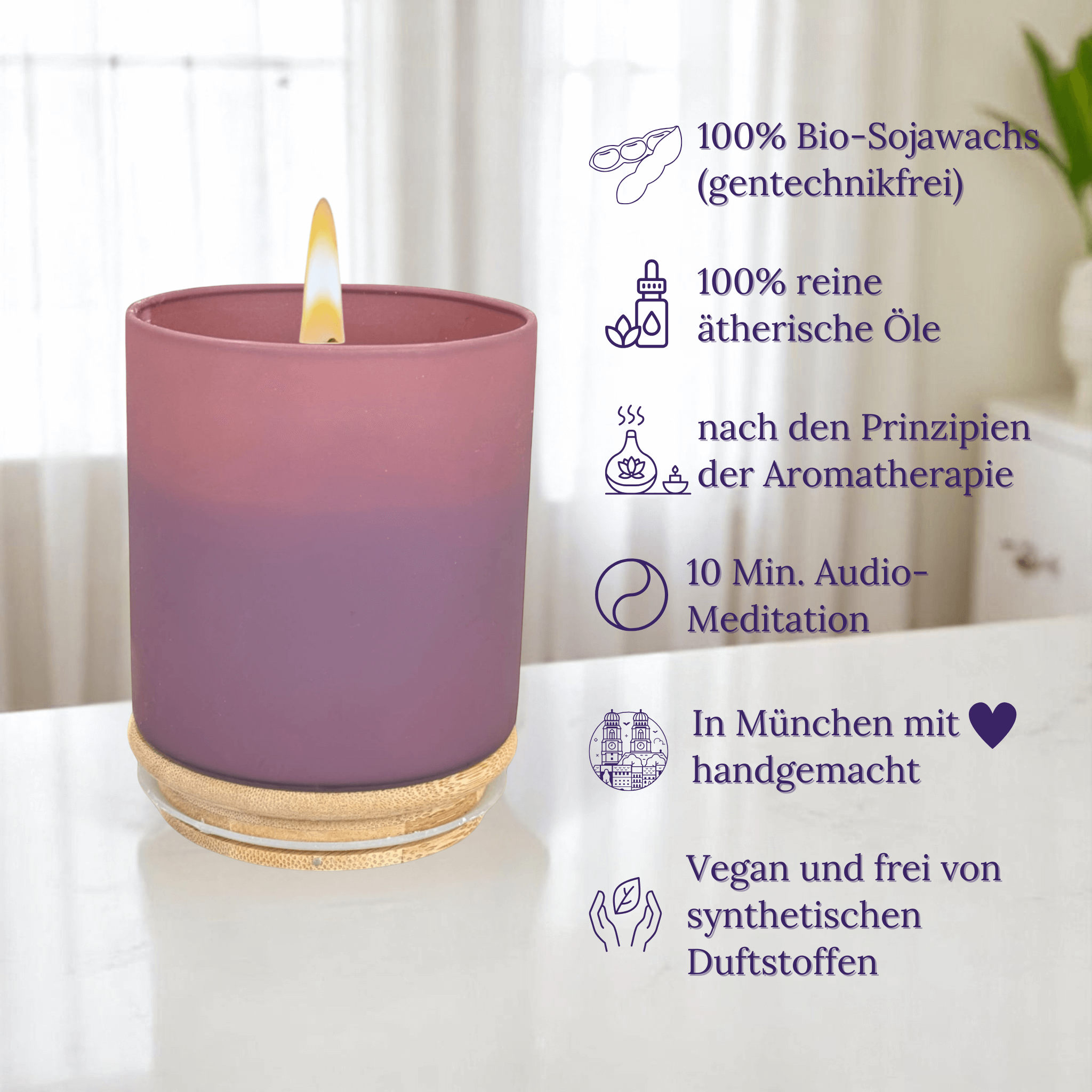 Duftkerze Lila mit dem Duft "JOY OF LIFE" aus ätherischen Ölen & Audio-Meditation | 60h Brennfreude