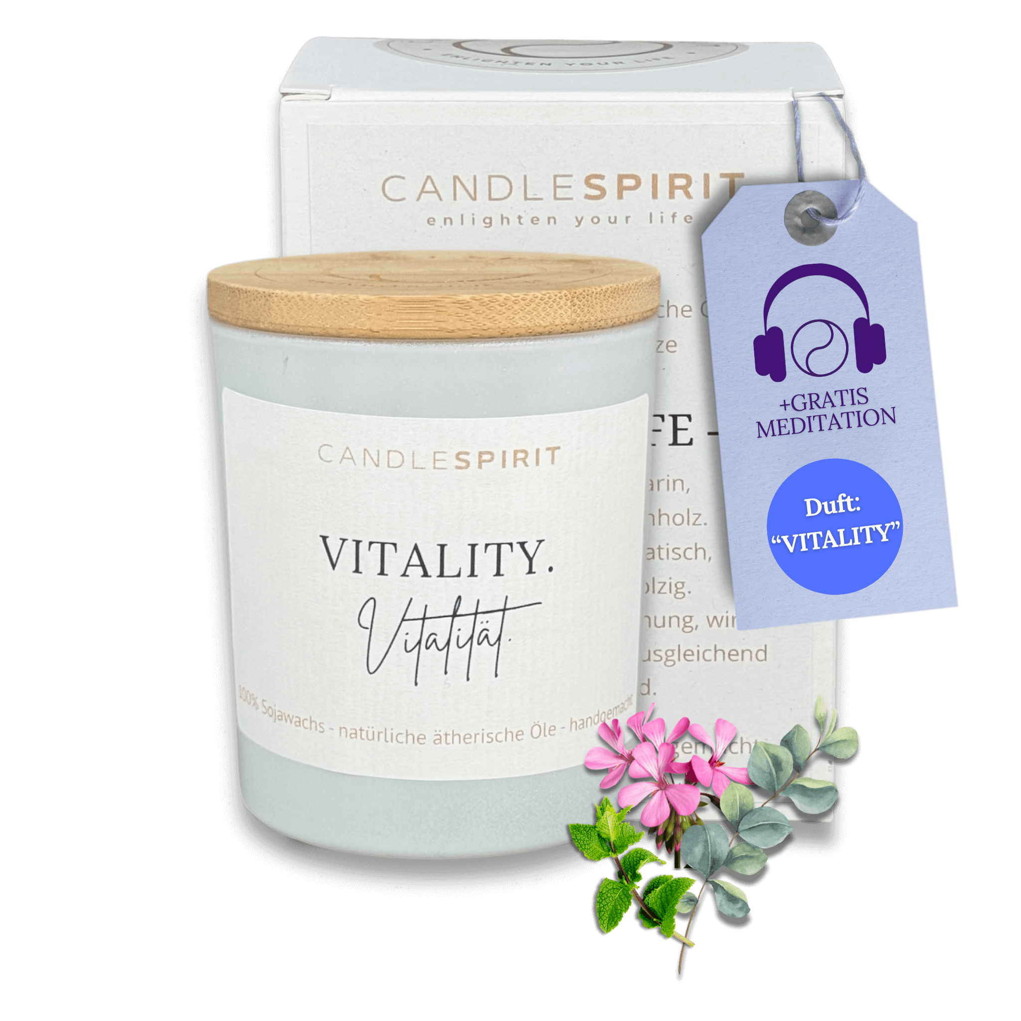 OUTLET – limitierte Edition: Aromatherapie Duftkerze | Duft VITALITY | Bio-Sojawachs | 150g | 30h Brenndauer | Gratis Meditation