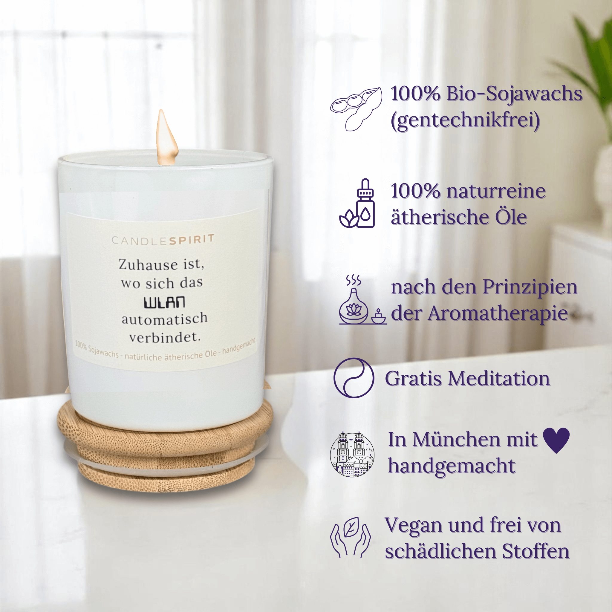OUTLET - limitierte Edition: Aromatherapie Duftkerze | Duft VITALITY | Zitat: "Zuhause ist, wo sich das WLAN automatisch verbindet" | Bio-Sojawachs | Gratis Meditation