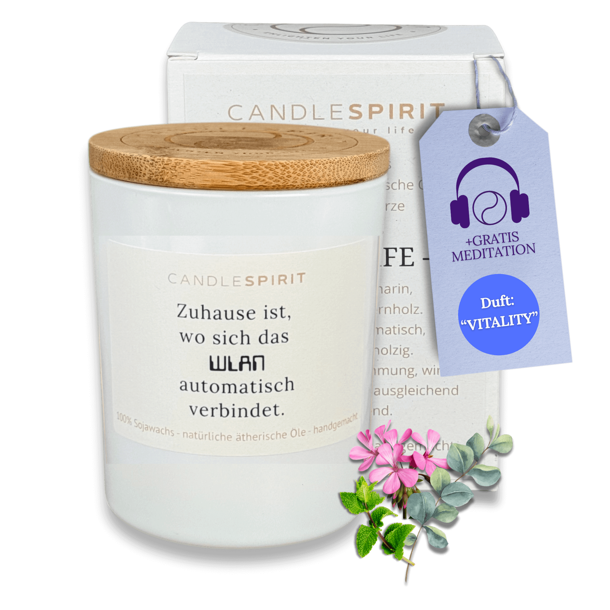 OUTLET - limitierte Edition: Aromatherapie Duftkerze | Duft VITALITY | Zitat: "Zuhause ist, wo sich das WLAN automatisch verbindet" | Bio-Sojawachs | Gratis Meditation