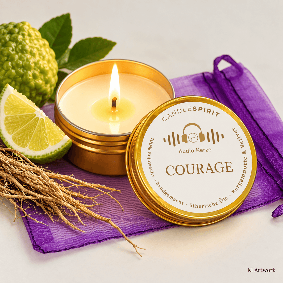 Audio-Duftkerze "COURAGE" in Reisegröße riecht zitronig-herb mit ätherischen Ölen & Audio-Meditation 50ml | ~8-9h Brennfreude
