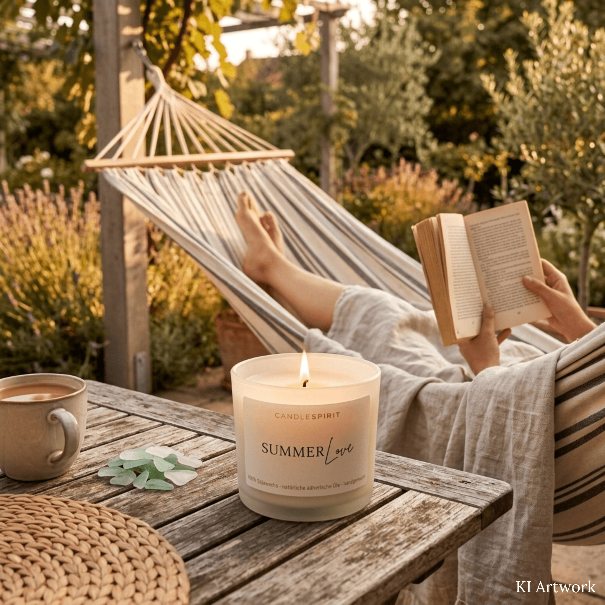 Duftkerze SUMMERLOVE auf einem Tisch in entspannter Atmosphäre. Mit KI unterstütztes Moodbild.