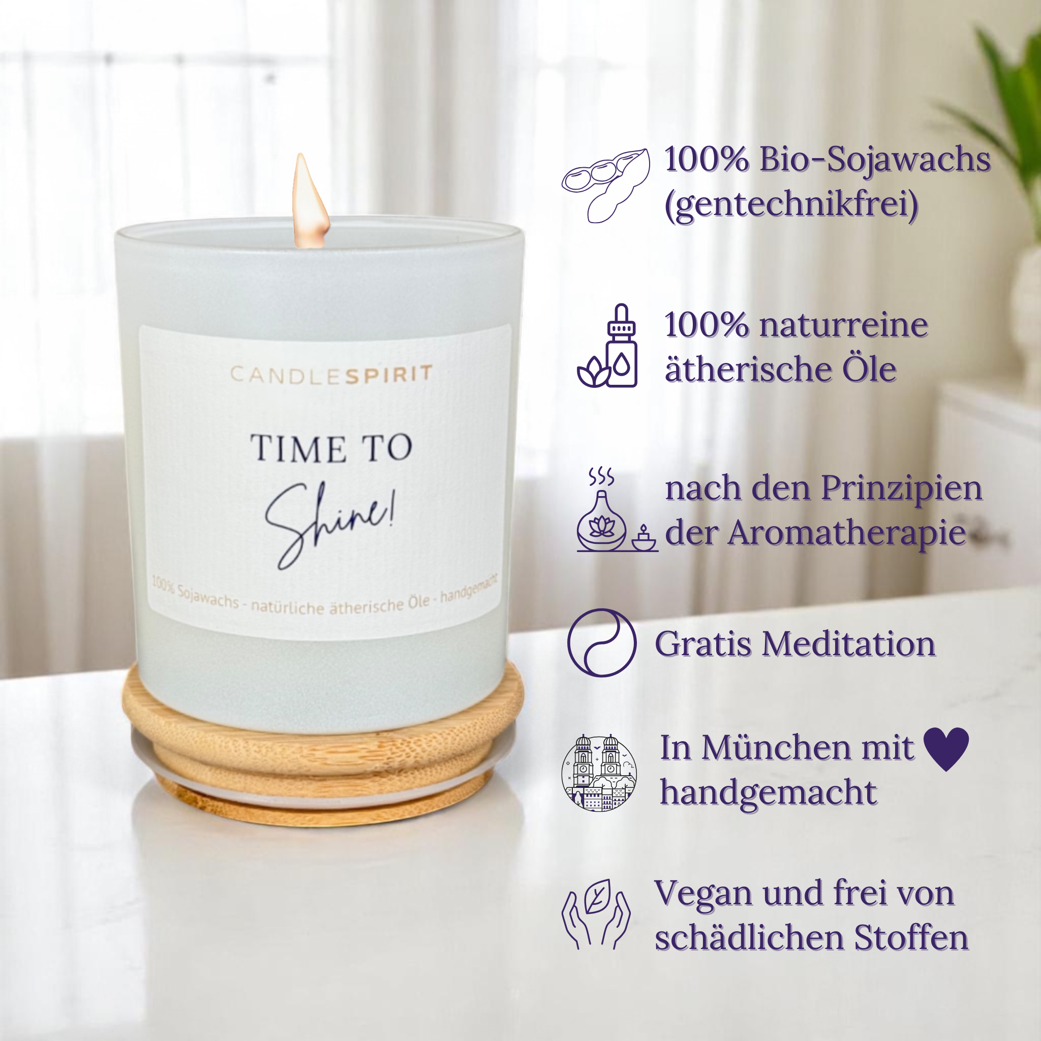 OUTLET – limitierte Edition: Aromatherapie Duftkerze | Duft JOY OF LIFE | Zitat: "Time to Shine!" | Bio-Sojawachs | Gratis Meditation