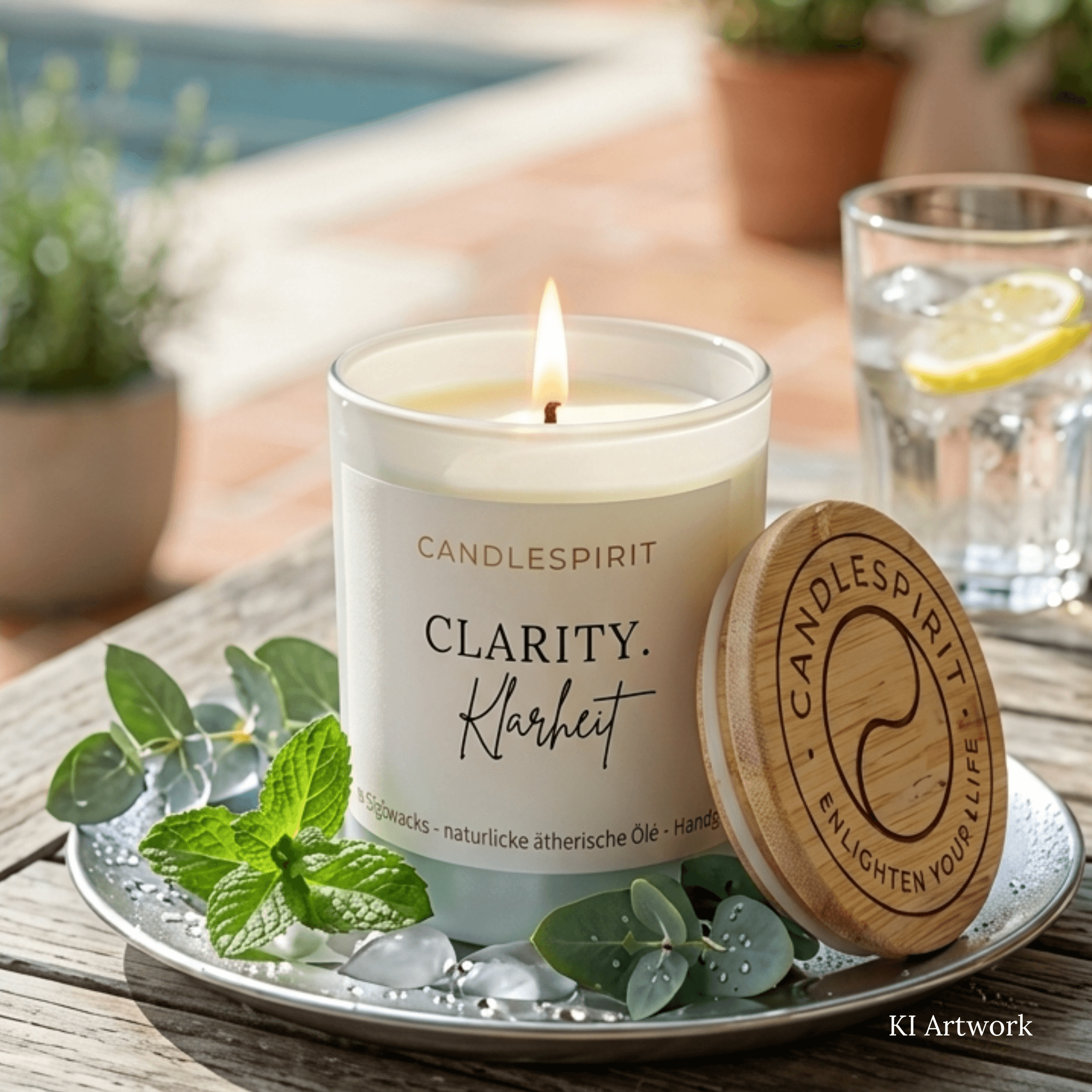 Duftkerze mit dem Aufdruck "CLARITY. Klarheit" riecht minzig-frisch. KI unterstütztes Mood Bild. Kerze auf dem Tisch.
