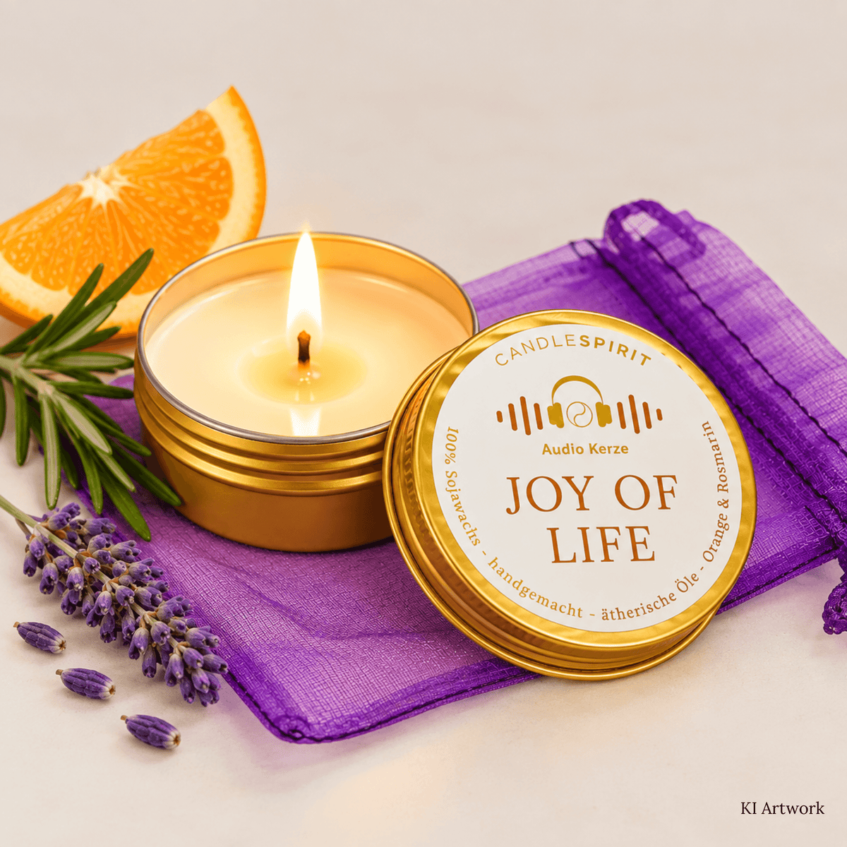 JOY OF LIFE Reisekerze  die brennt. KI Artwork mit Orange und Rosmarin
