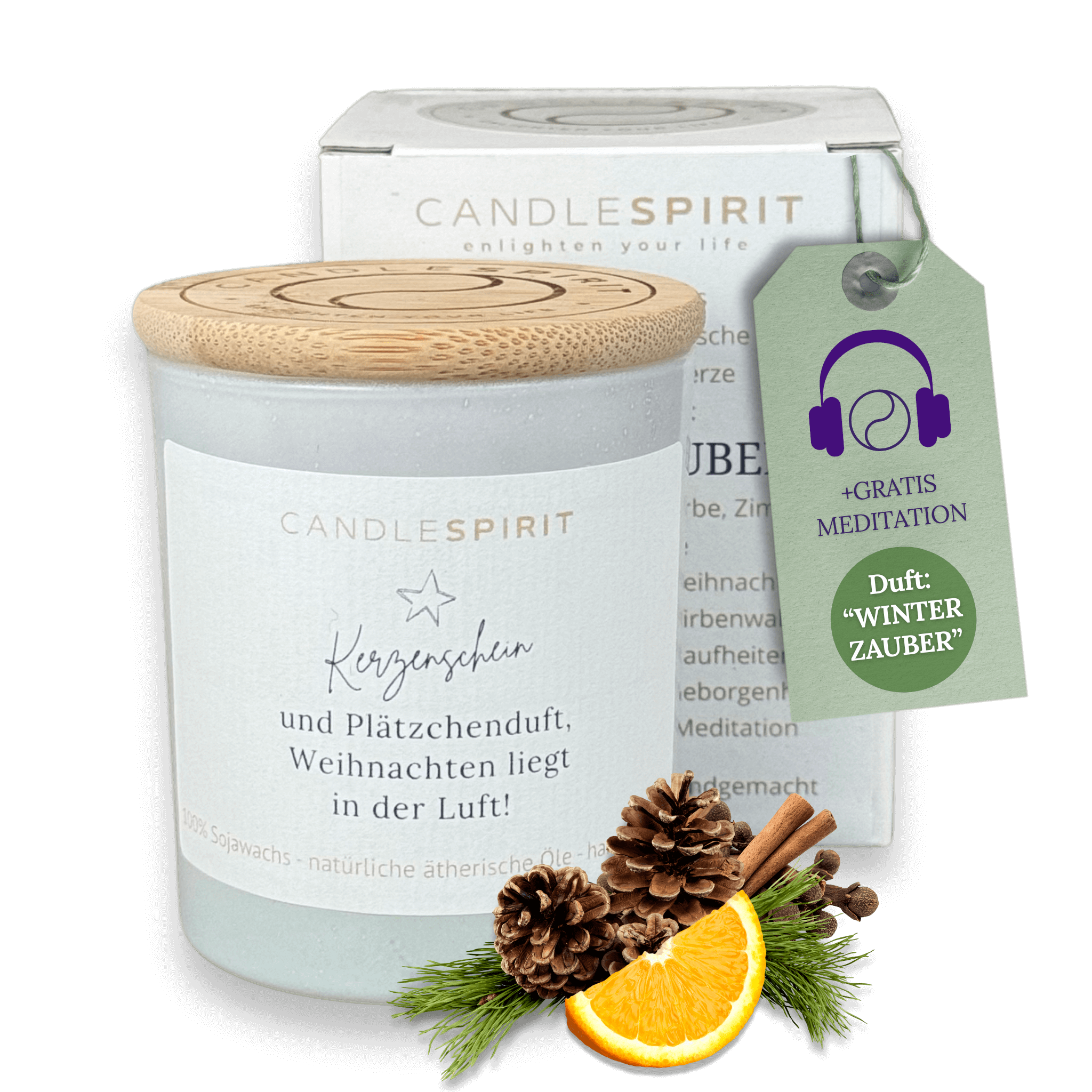 "Kerzenschein und Plätzchenduft, Weihnachten liegt in der Luft" | WINTERZAUBER Duftkerze mit ätherischen Ölen & Audio-Meditation