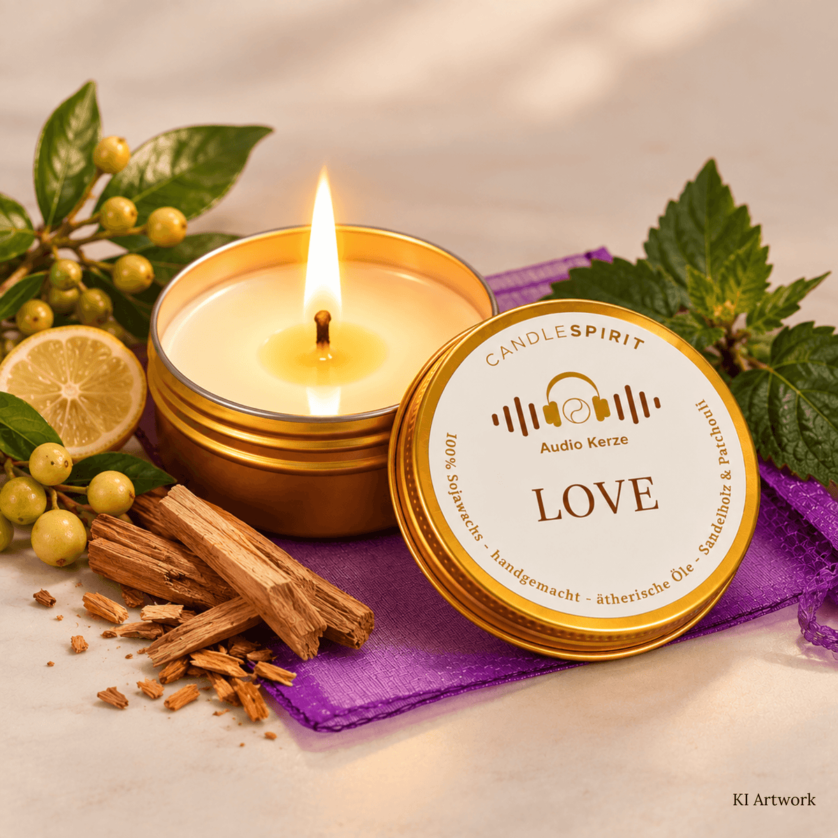 LOVE Reisekerze brennt mit Patchouli und Litsea Cubeba KI Artwork